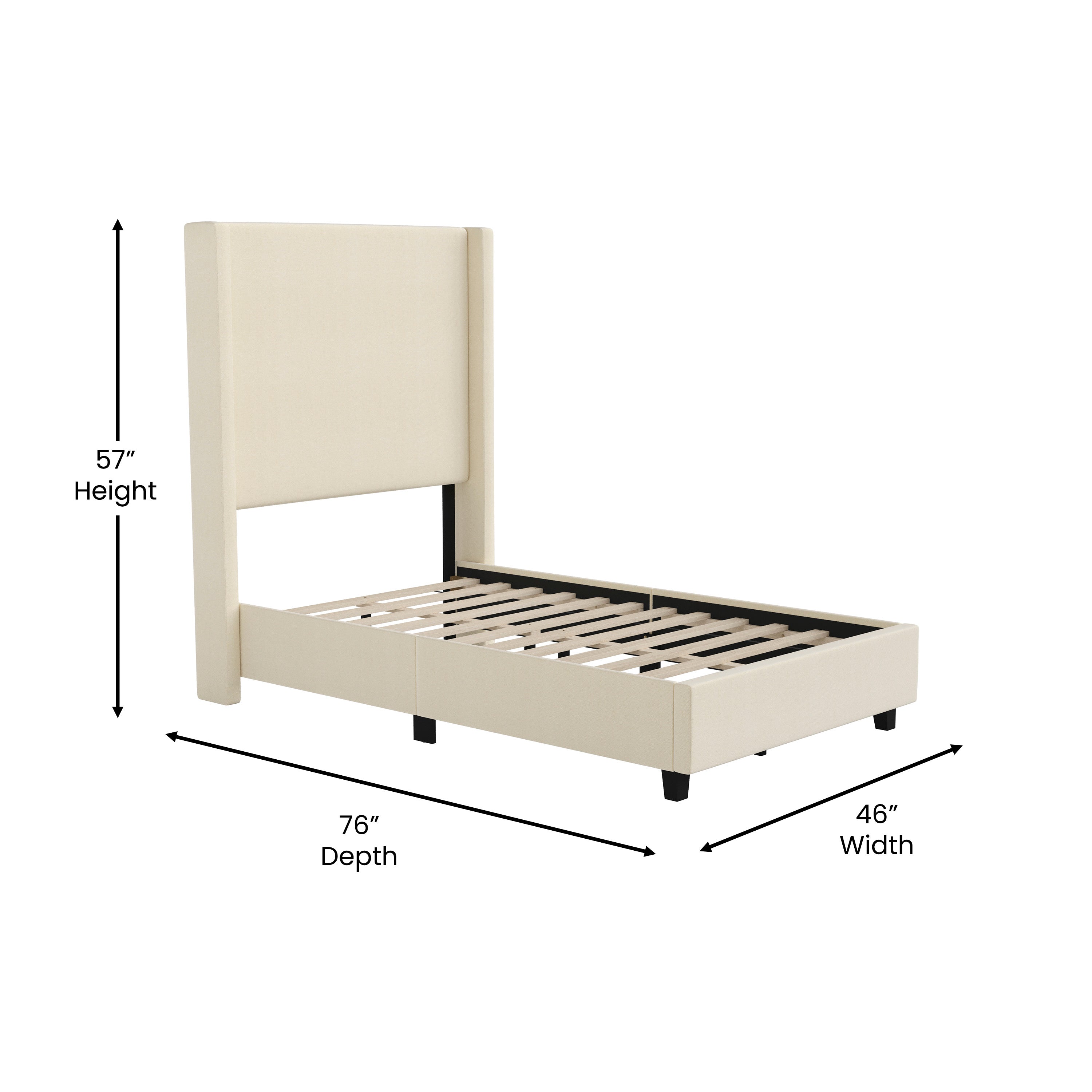 Quinn Twin Upholstered Platform Bed with Channel Stitched Wingback Headboard, Mattress Foundation with Slatted Supports, No Box Spring Needed, Beige