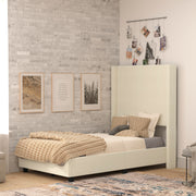 Quinn Twin Upholstered Platform Bed with Channel Stitched Wingback Headboard, Mattress Foundation with Slatted Supports, No Box Spring Needed, Beige