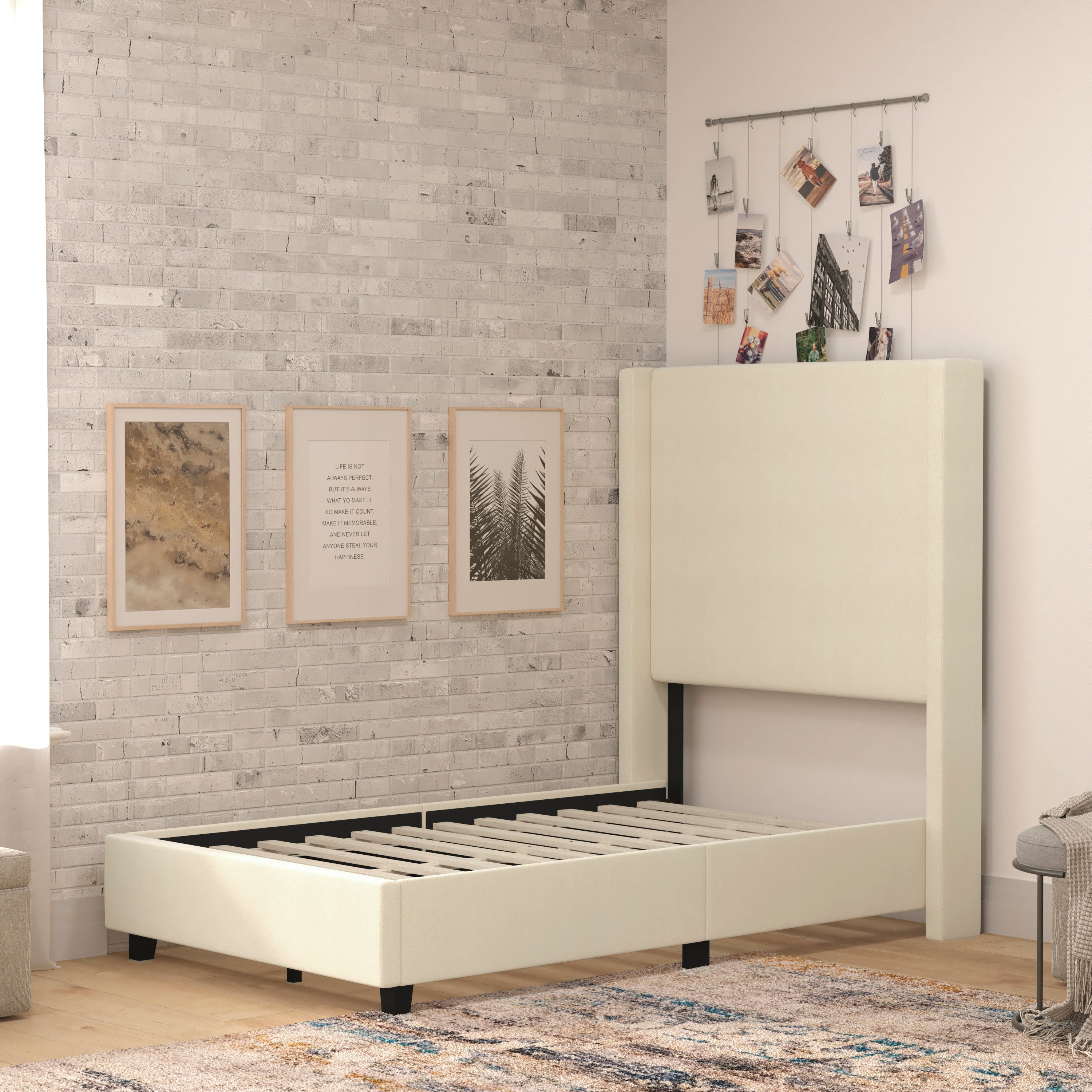 Quinn Twin Upholstered Platform Bed with Channel Stitched Wingback Headboard, Mattress Foundation with Slatted Supports, No Box Spring Needed, Beige