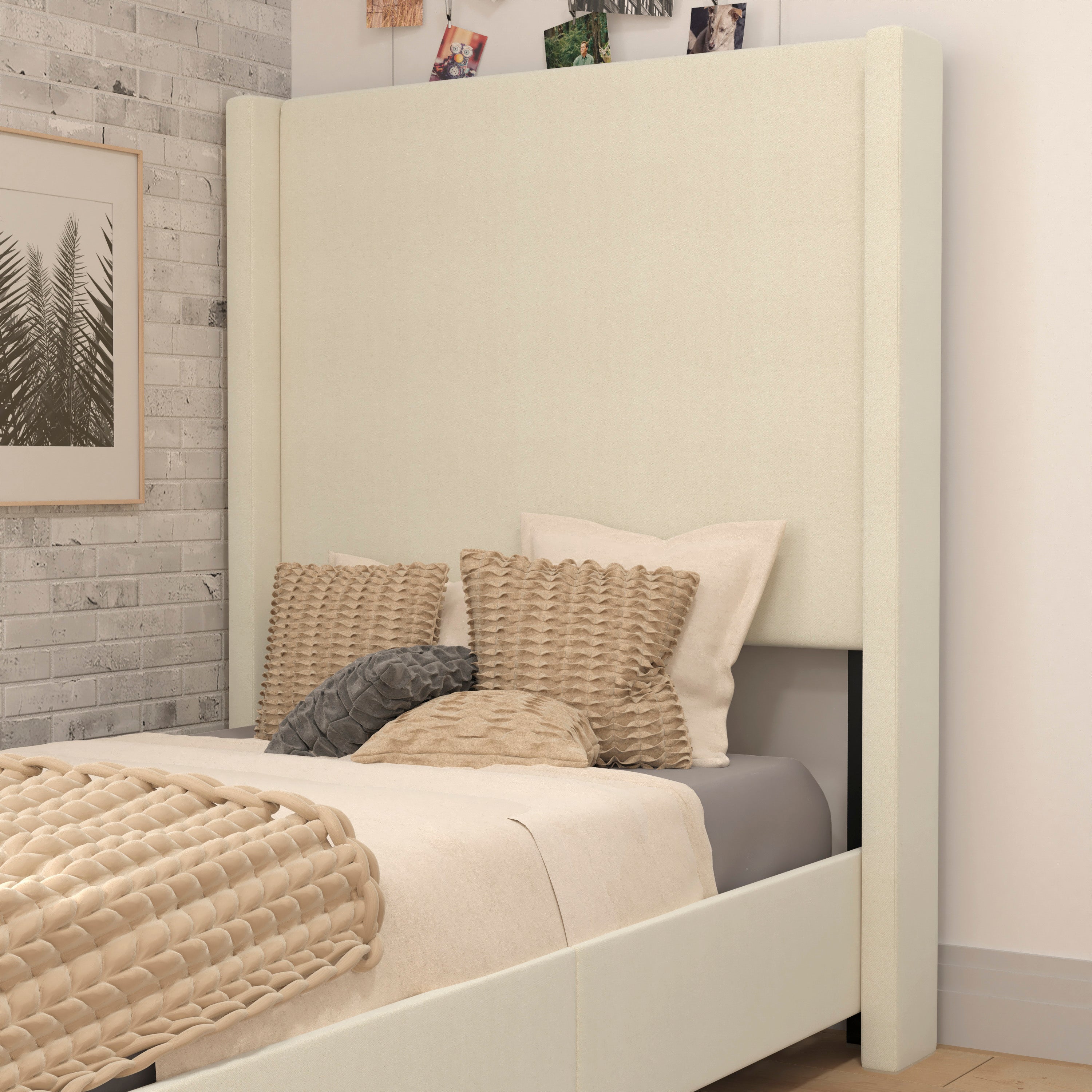 Quinn Twin Upholstered Platform Bed with Channel Stitched Wingback Headboard, Mattress Foundation with Slatted Supports, No Box Spring Needed, Beige