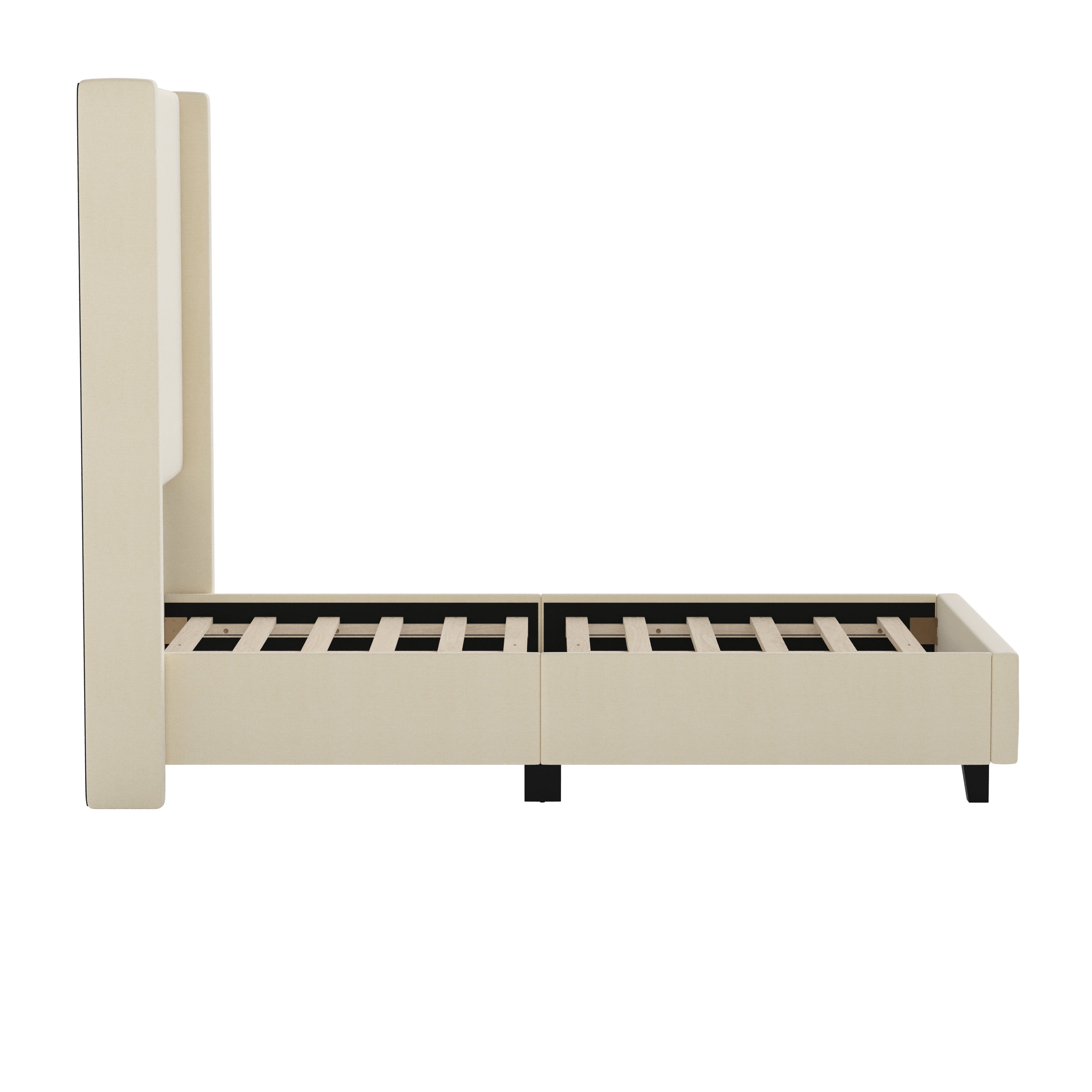 Quinn Twin Upholstered Platform Bed with Channel Stitched Wingback Headboard, Mattress Foundation with Slatted Supports, No Box Spring Needed, Beige
