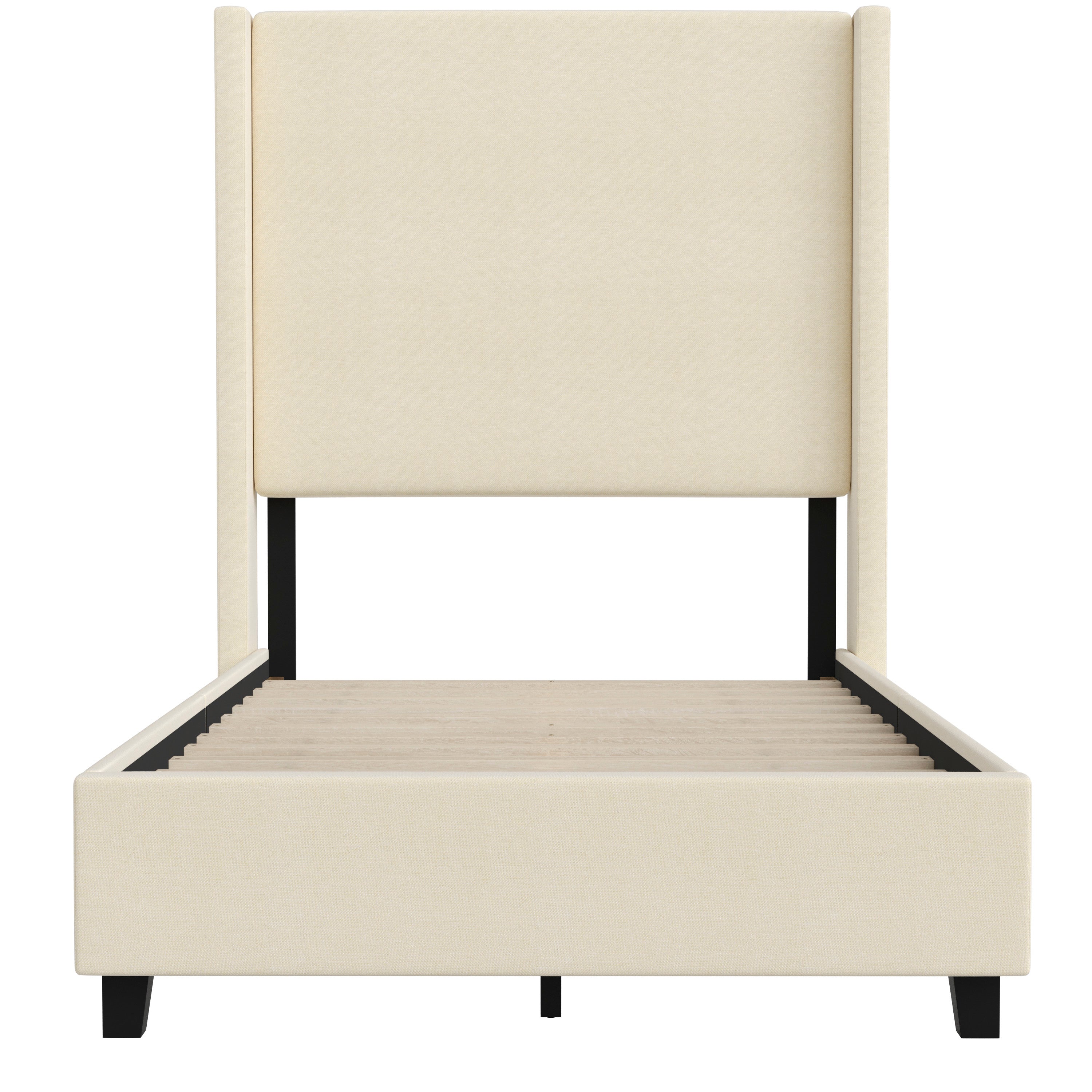 Quinn Twin Upholstered Platform Bed with Channel Stitched Wingback Headboard, Mattress Foundation with Slatted Supports, No Box Spring Needed, Beige