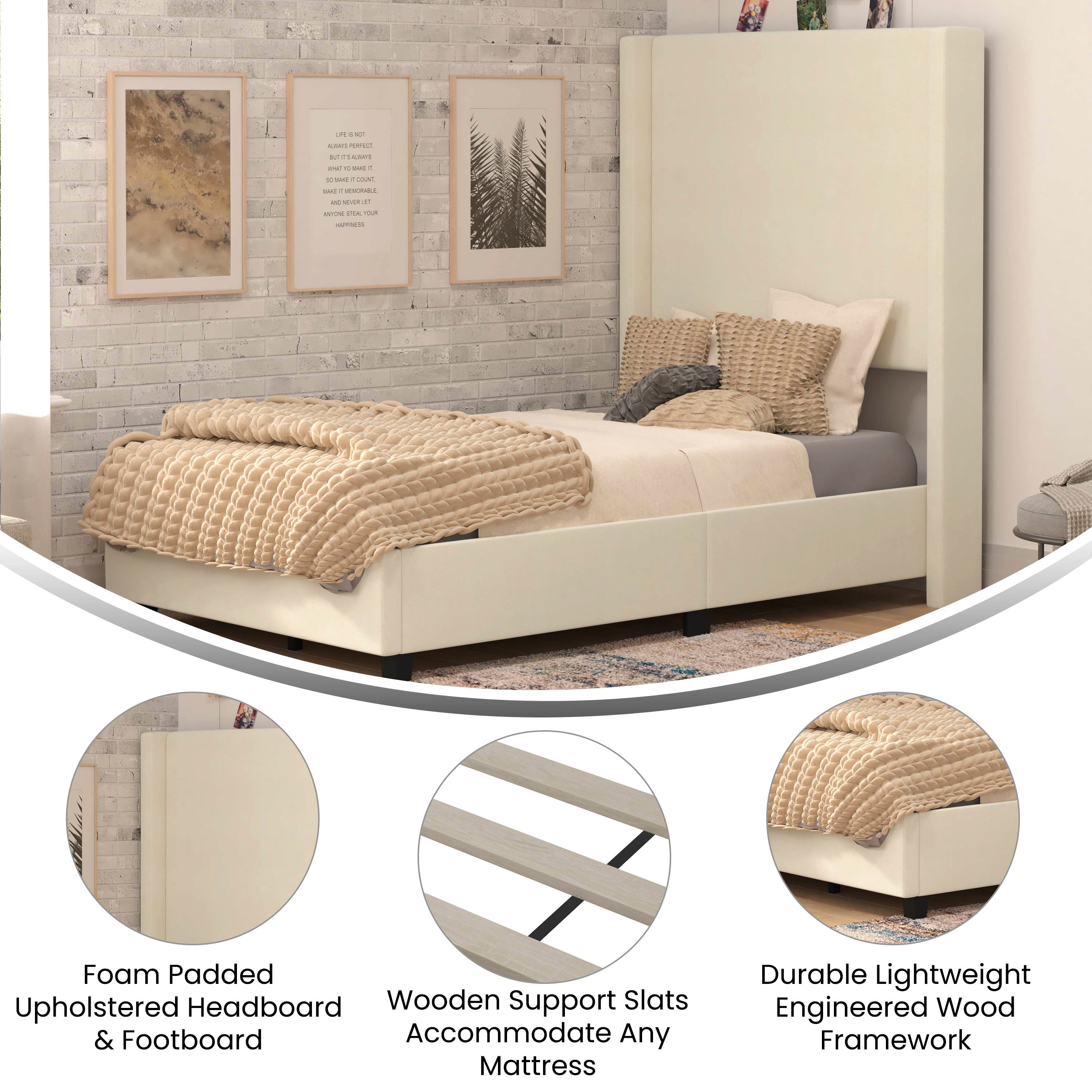 Quinn Twin Upholstered Platform Bed with Channel Stitched Wingback Headboard, Mattress Foundation with Slatted Supports, No Box Spring Needed, Beige