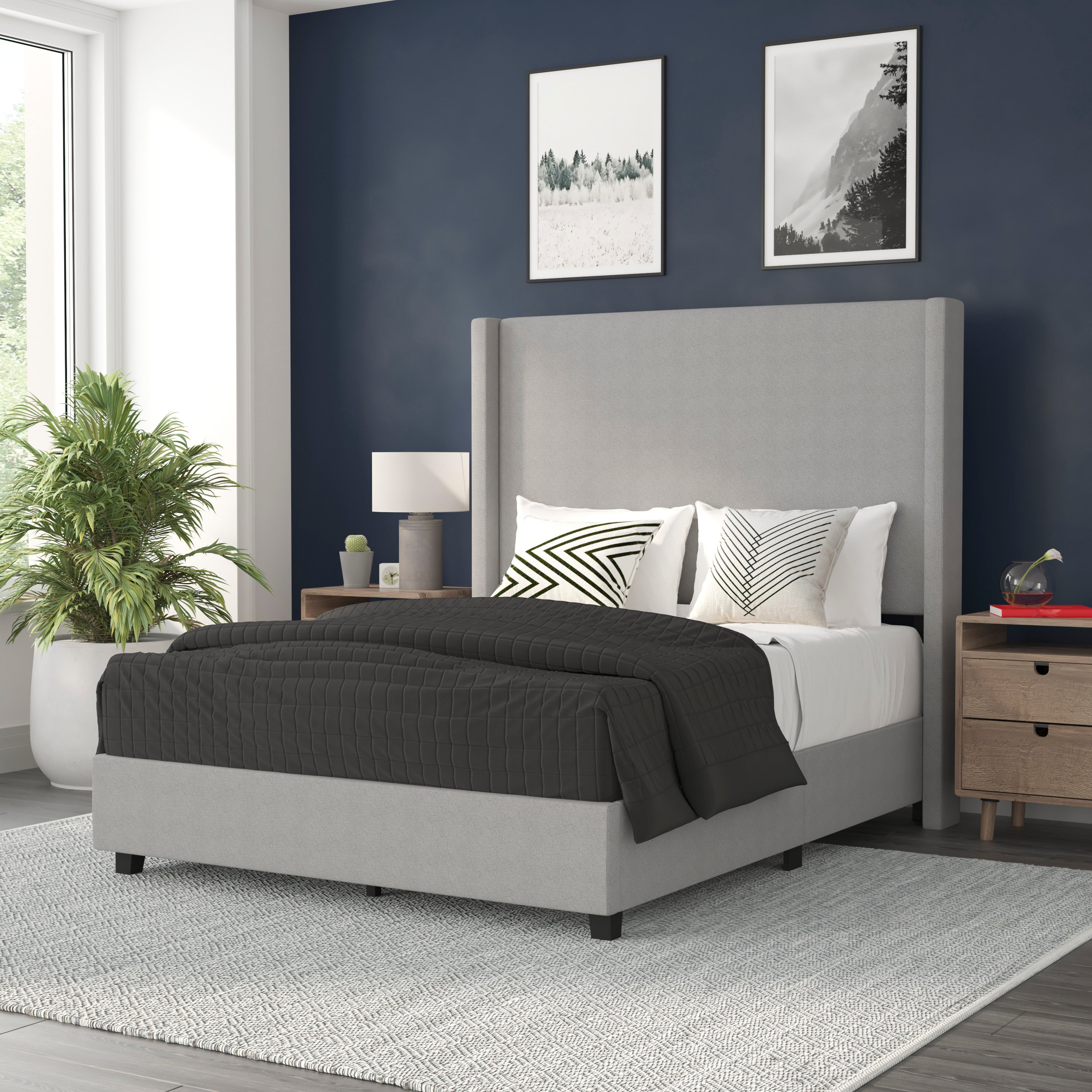 Quinn Full Upholstered Platform Bed with Channel Stitched Wingback Headboard, Mattress Foundation with Slatted Supports, No Box Spring Needed, Gray