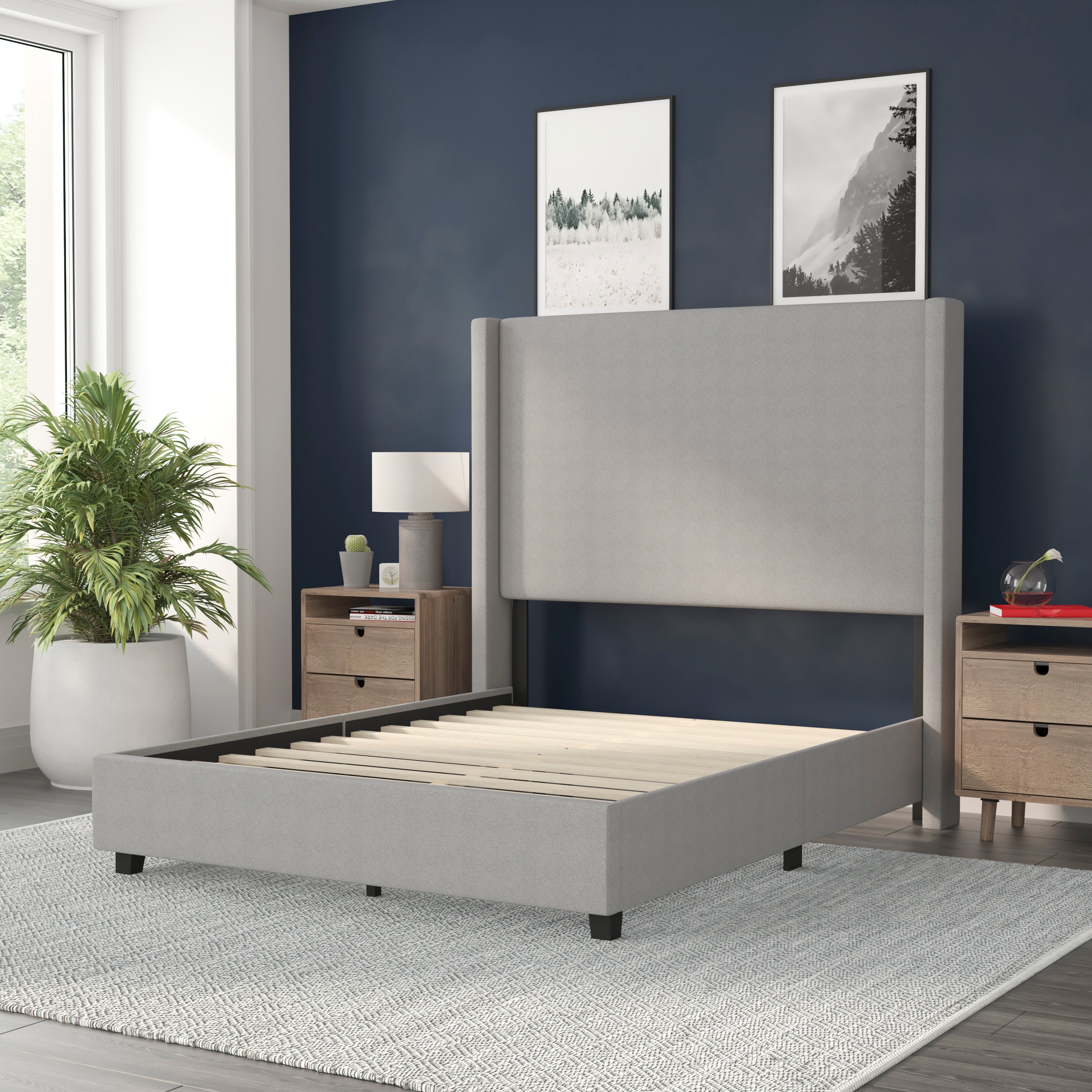 Quinn Full Upholstered Platform Bed with Channel Stitched Wingback Headboard, Mattress Foundation with Slatted Supports, No Box Spring Needed, Gray