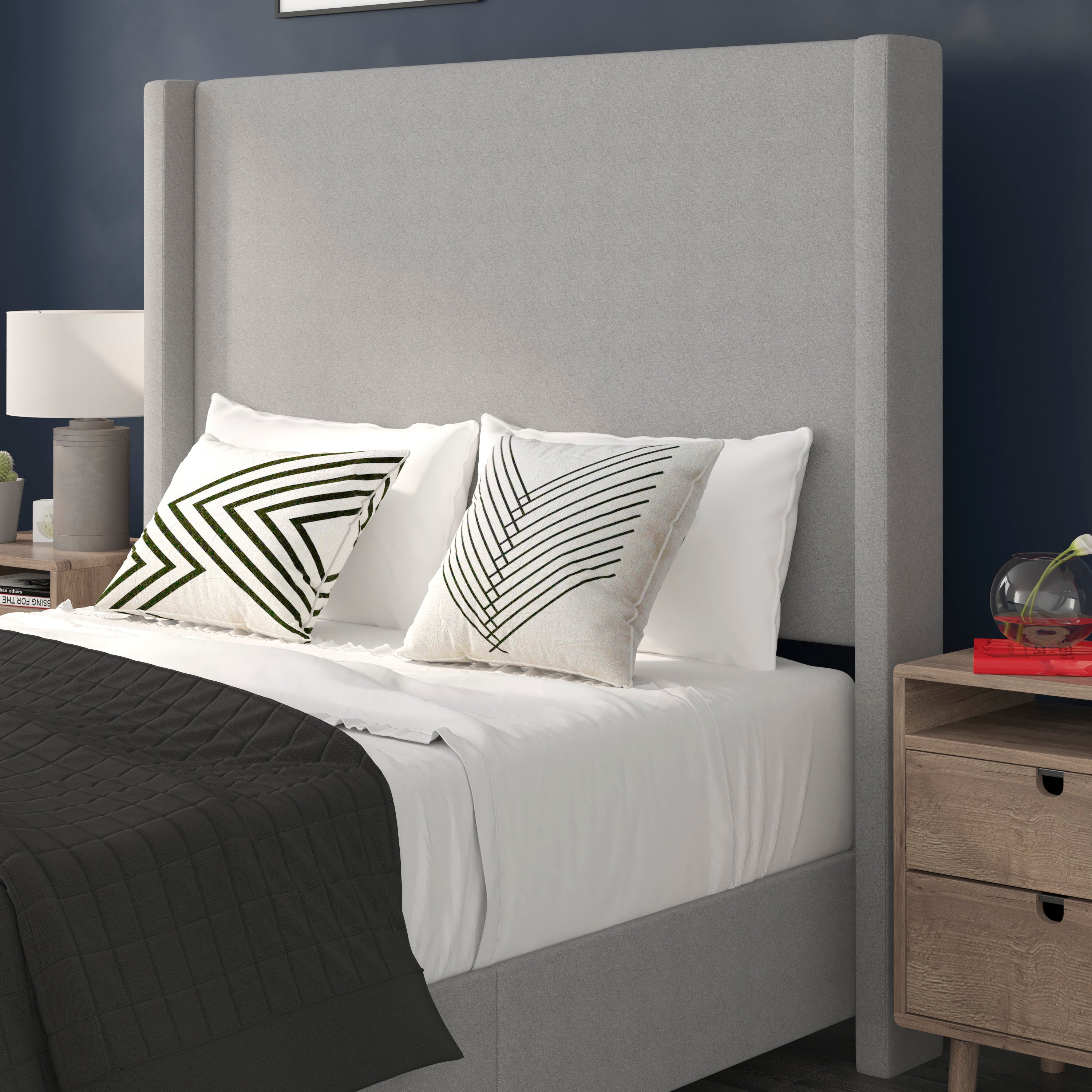 Quinn Full Upholstered Platform Bed with Channel Stitched Wingback Headboard, Mattress Foundation with Slatted Supports, No Box Spring Needed, Gray