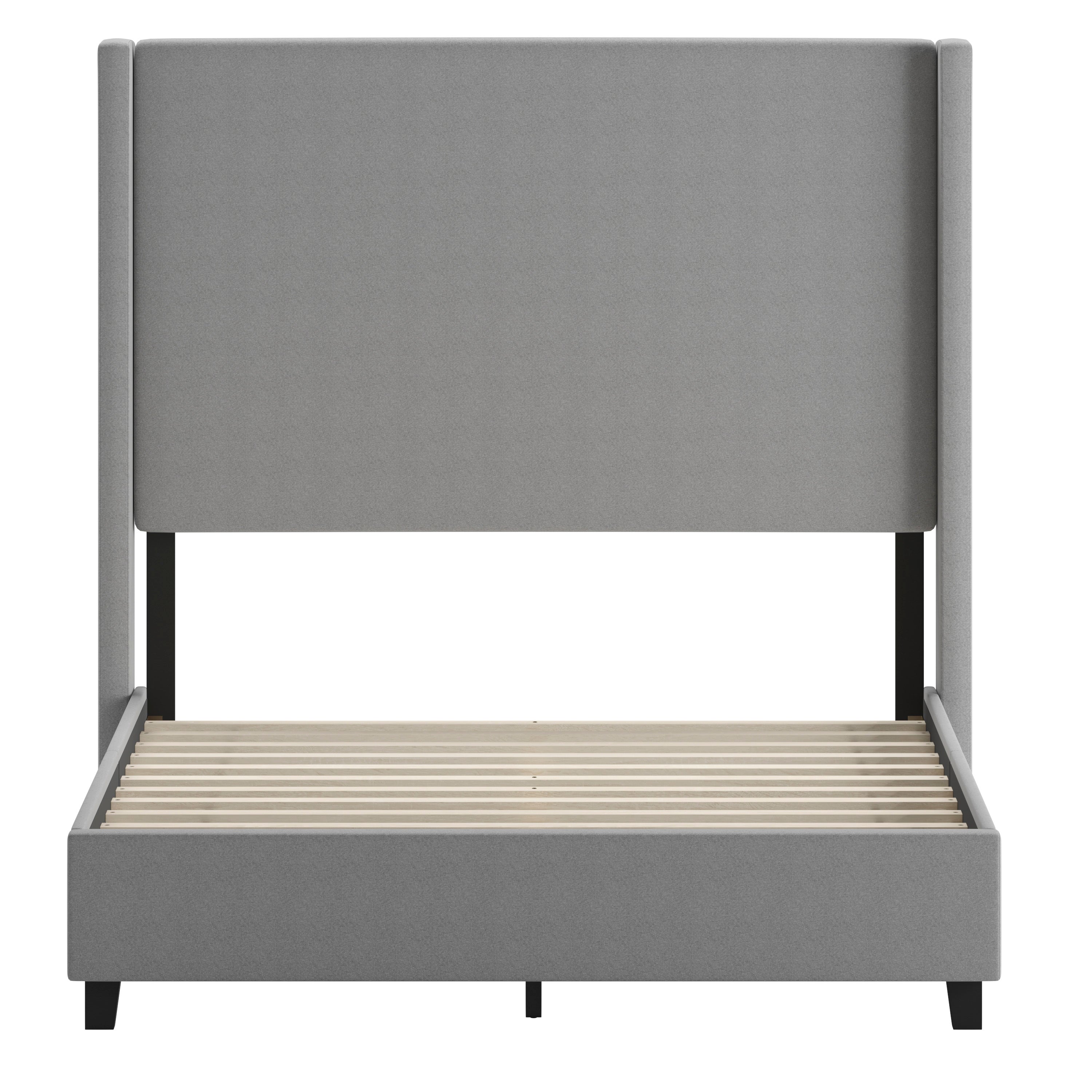 Quinn Full Upholstered Platform Bed with Channel Stitched Wingback Headboard, Mattress Foundation with Slatted Supports, No Box Spring Needed, Gray