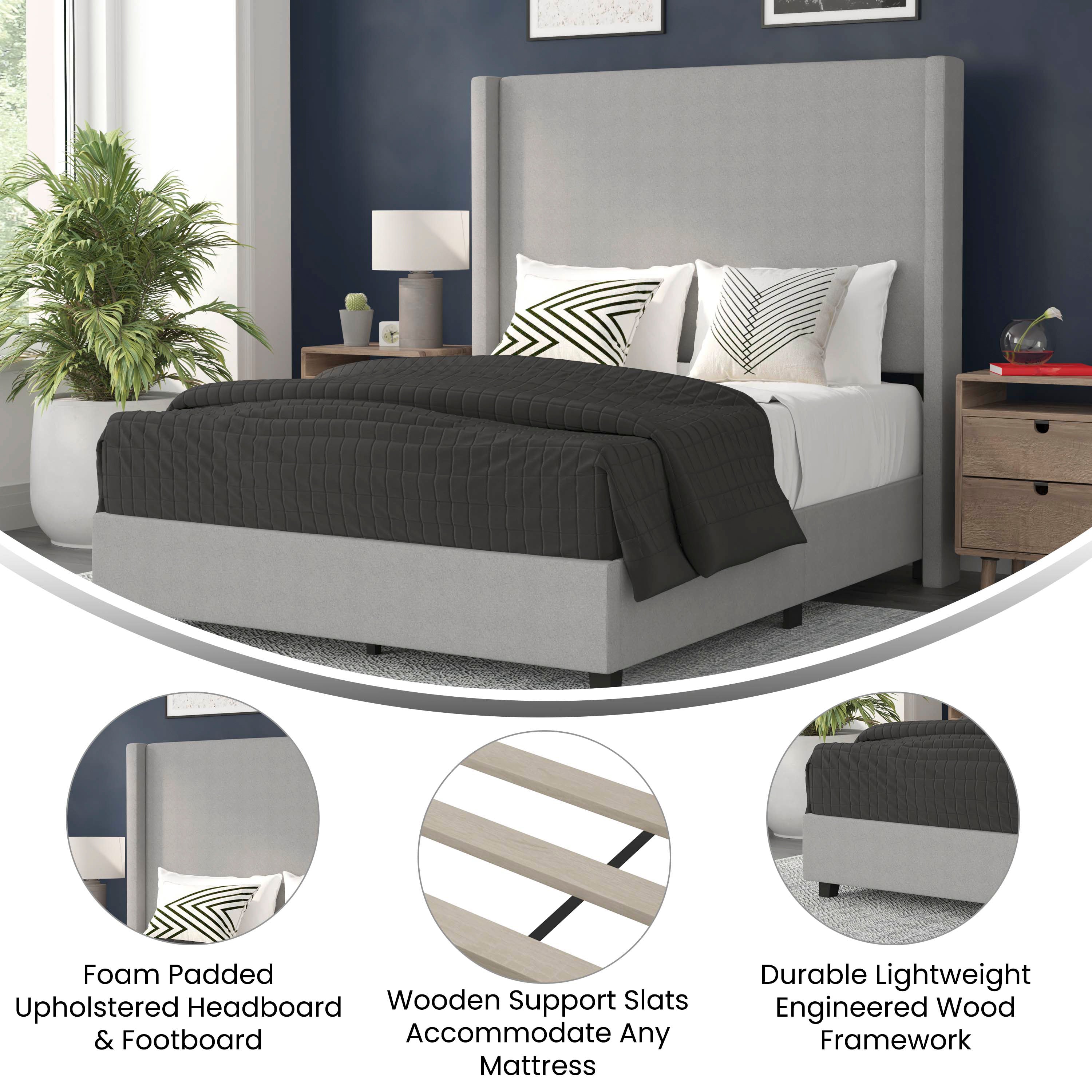 Quinn Full Upholstered Platform Bed with Channel Stitched Wingback Headboard, Mattress Foundation with Slatted Supports, No Box Spring Needed, Gray