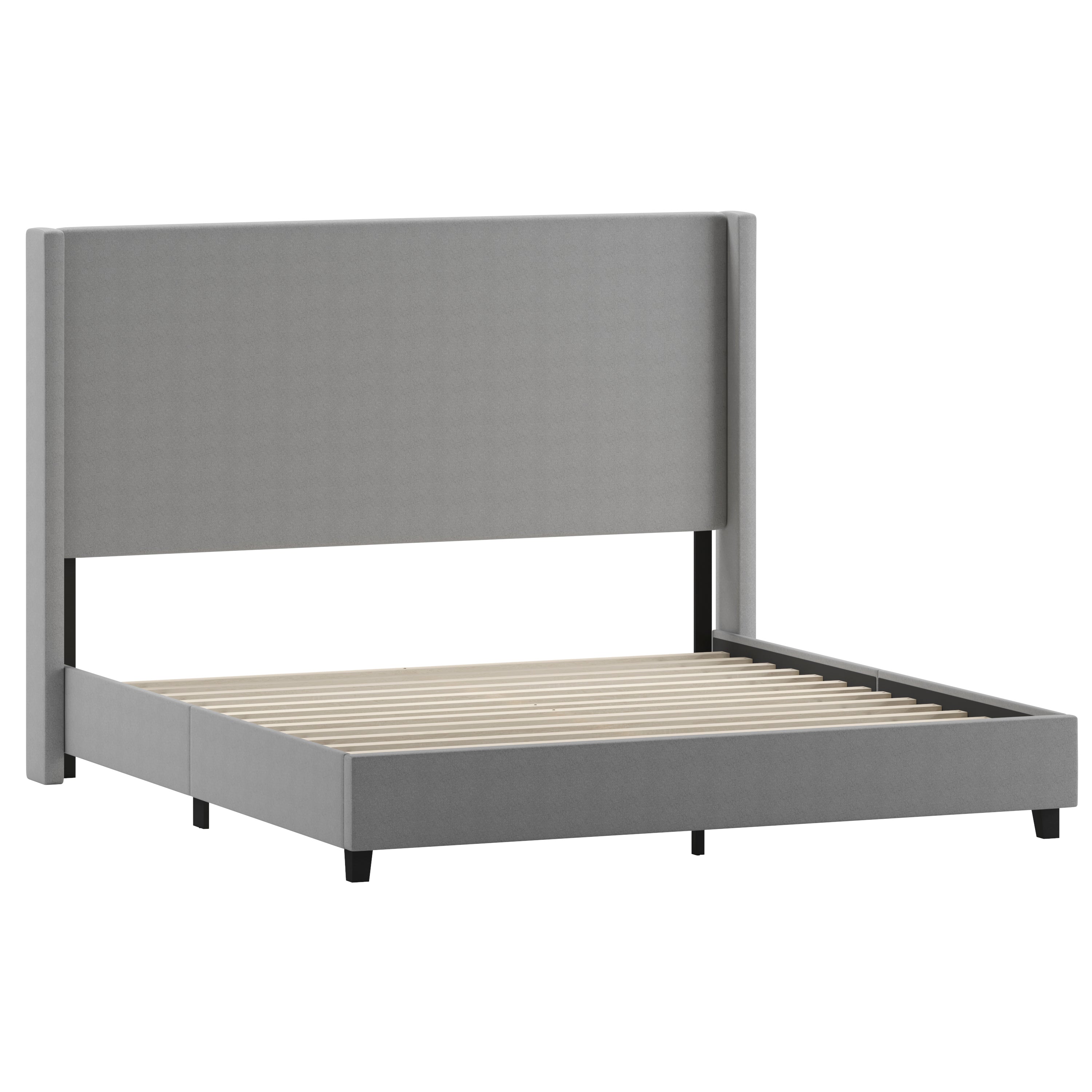 Quinn King Upholstered Platform Bed with Channel Stitched Wingback Headboard, Mattress Foundation with Slatted Supports, No Box Spring Needed, Gray