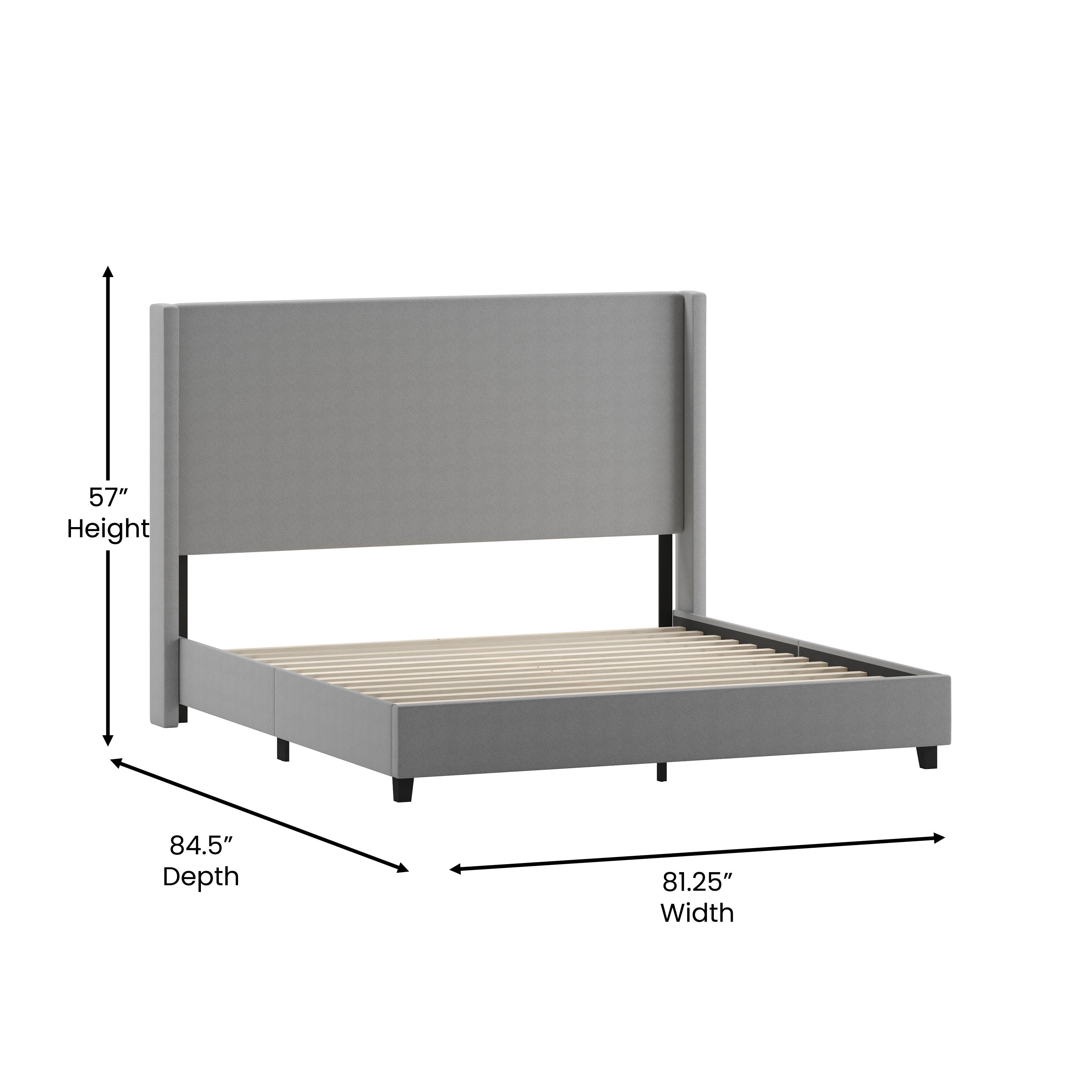 Quinn King Upholstered Platform Bed with Channel Stitched Wingback Headboard, Mattress Foundation with Slatted Supports, No Box Spring Needed, Gray