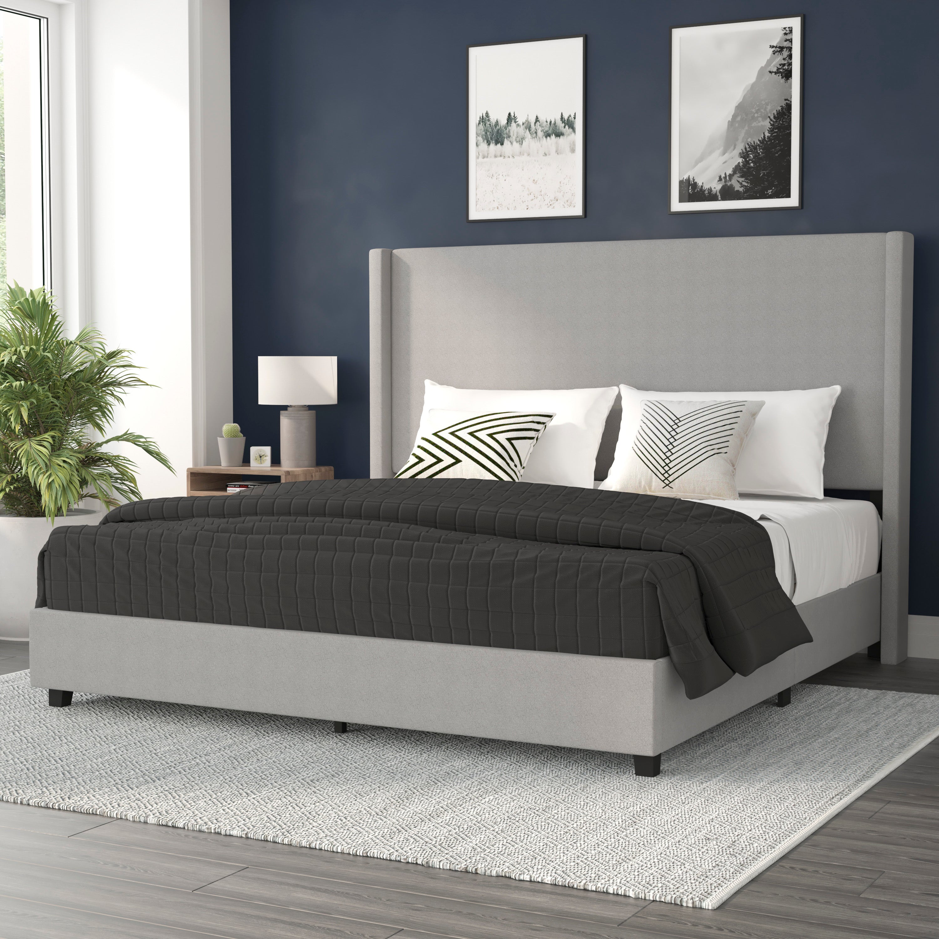 Quinn King Upholstered Platform Bed with Channel Stitched Wingback Headboard, Mattress Foundation with Slatted Supports, No Box Spring Needed, Gray