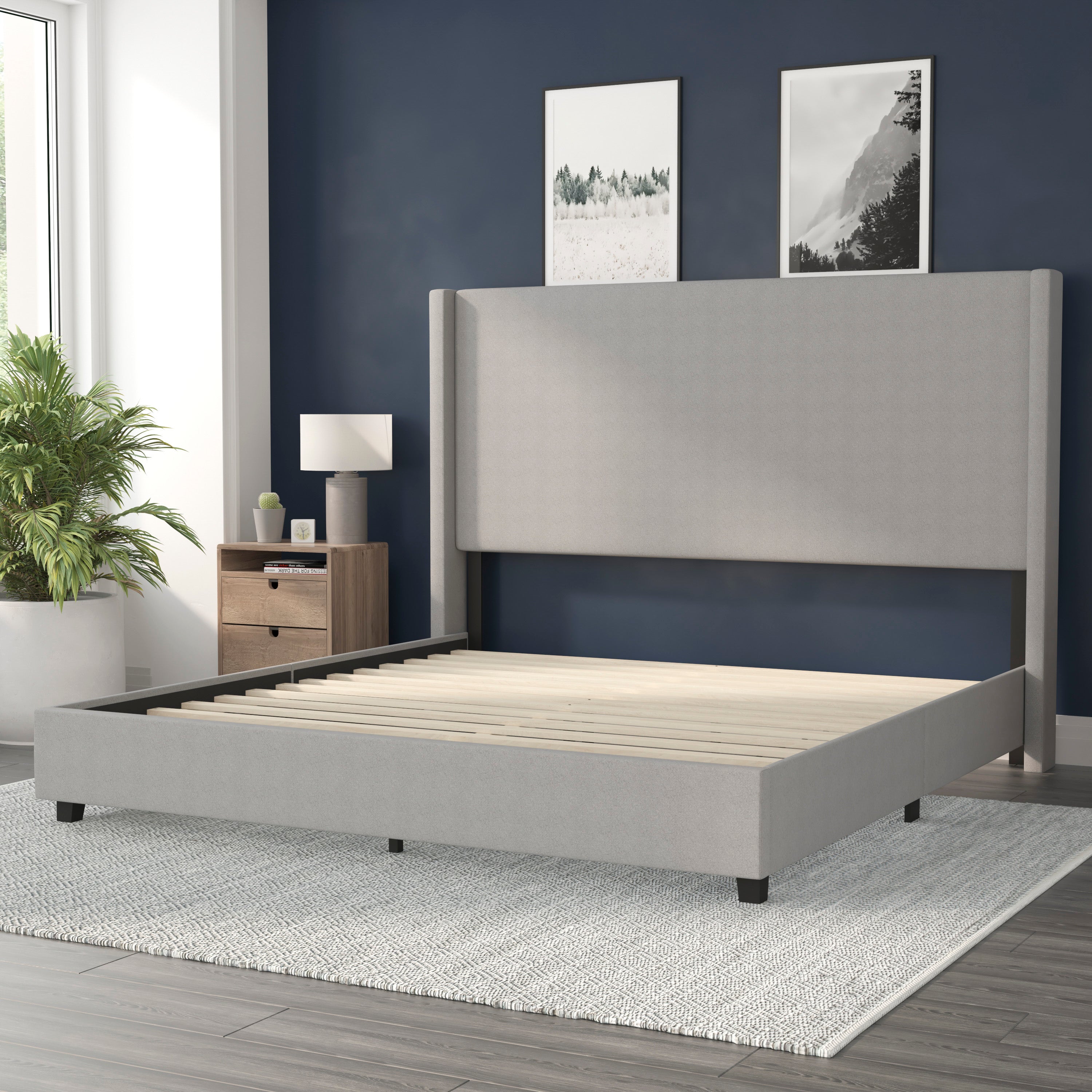 Quinn King Upholstered Platform Bed with Channel Stitched Wingback Headboard, Mattress Foundation with Slatted Supports, No Box Spring Needed, Gray