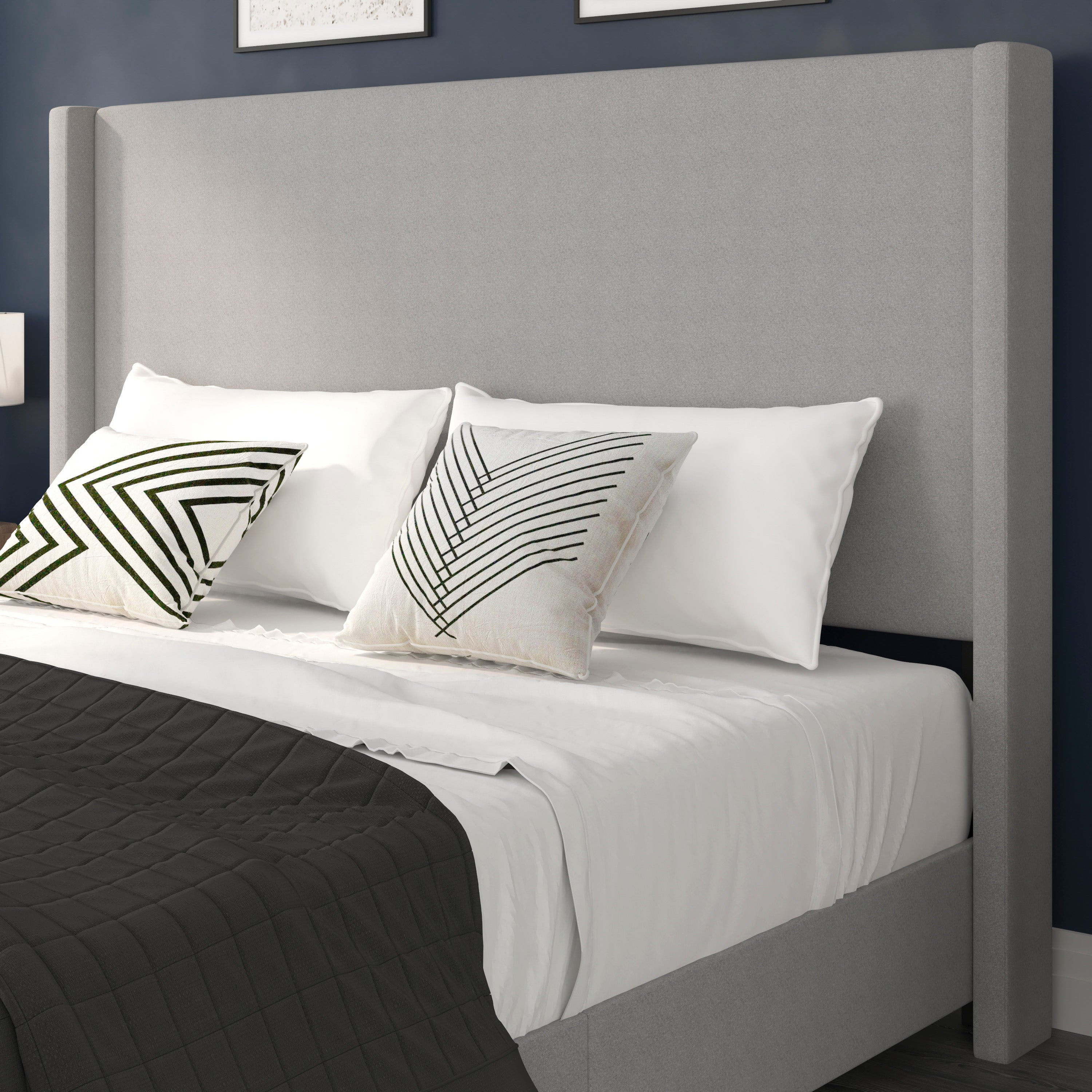 Quinn King Upholstered Platform Bed with Channel Stitched Wingback Headboard, Mattress Foundation with Slatted Supports, No Box Spring Needed, Gray