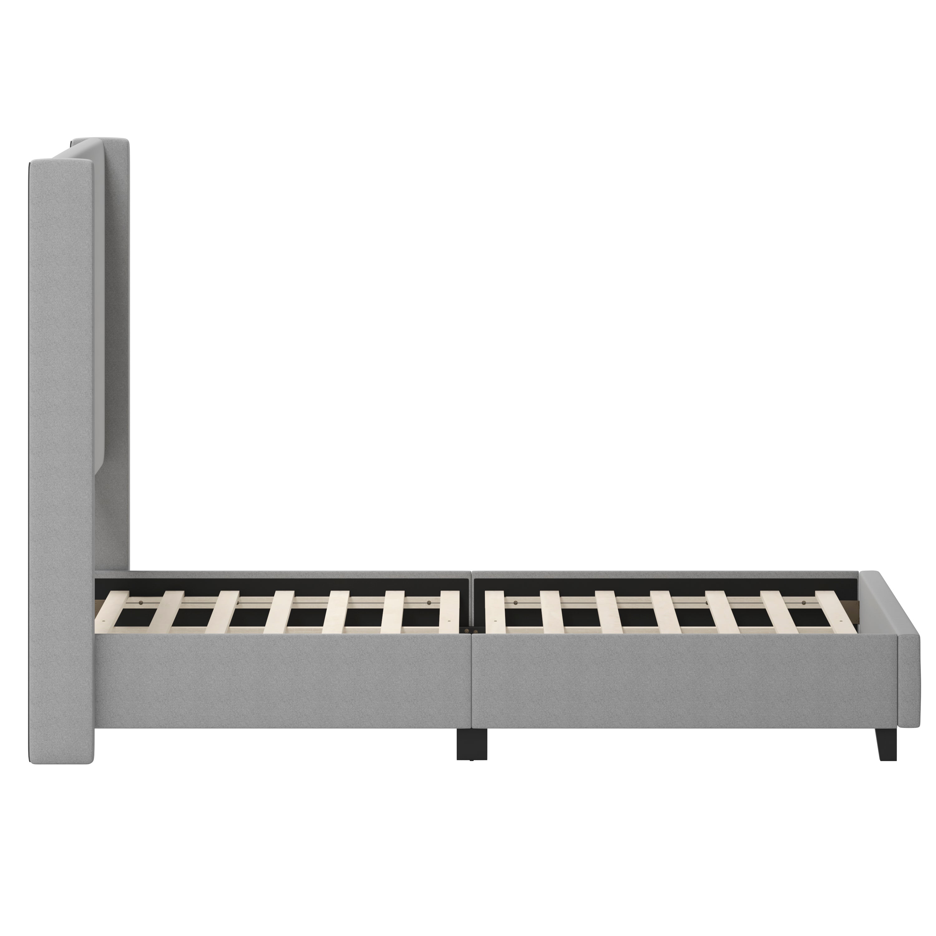 Quinn King Upholstered Platform Bed with Channel Stitched Wingback Headboard, Mattress Foundation with Slatted Supports, No Box Spring Needed, Gray