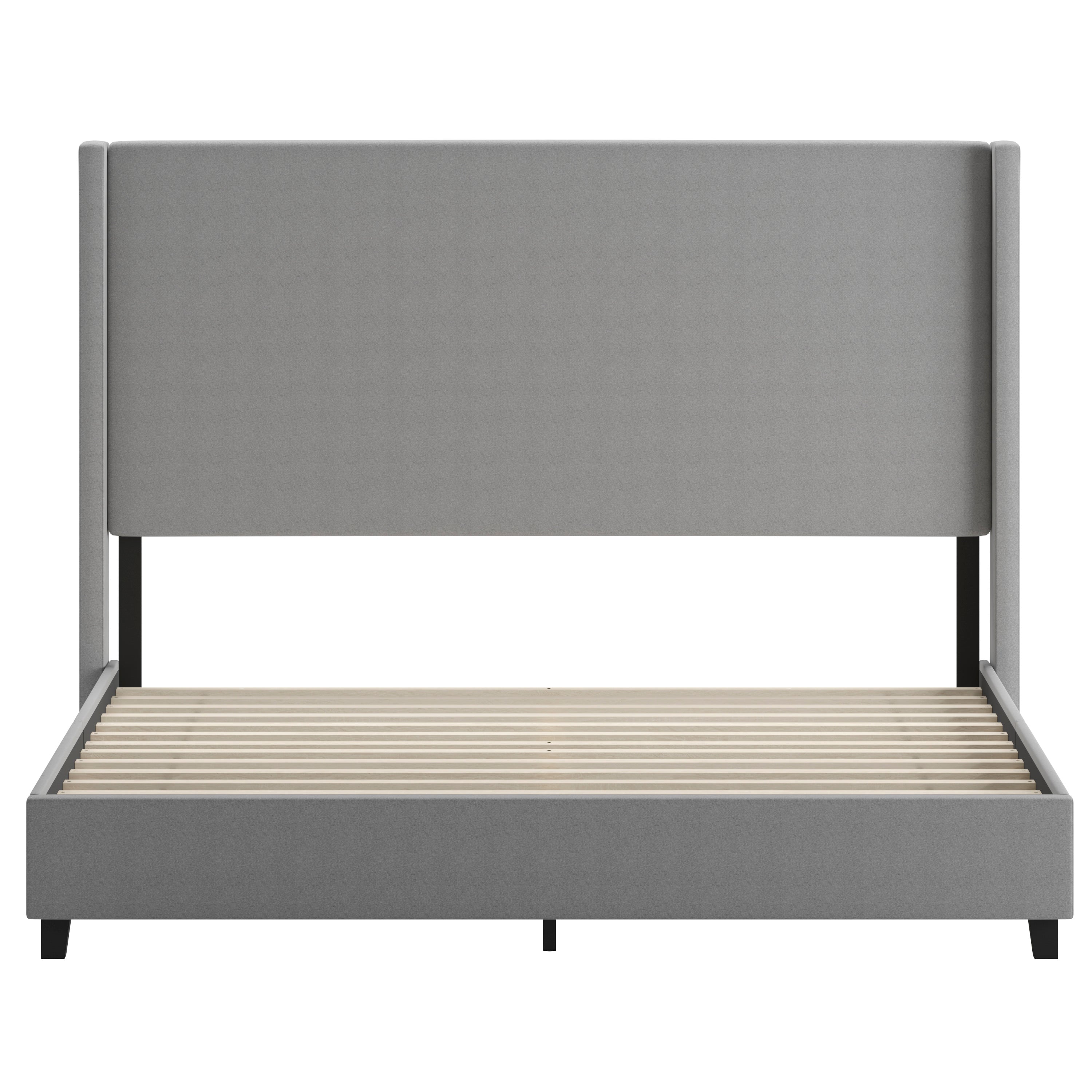 Quinn King Upholstered Platform Bed with Channel Stitched Wingback Headboard, Mattress Foundation with Slatted Supports, No Box Spring Needed, Gray