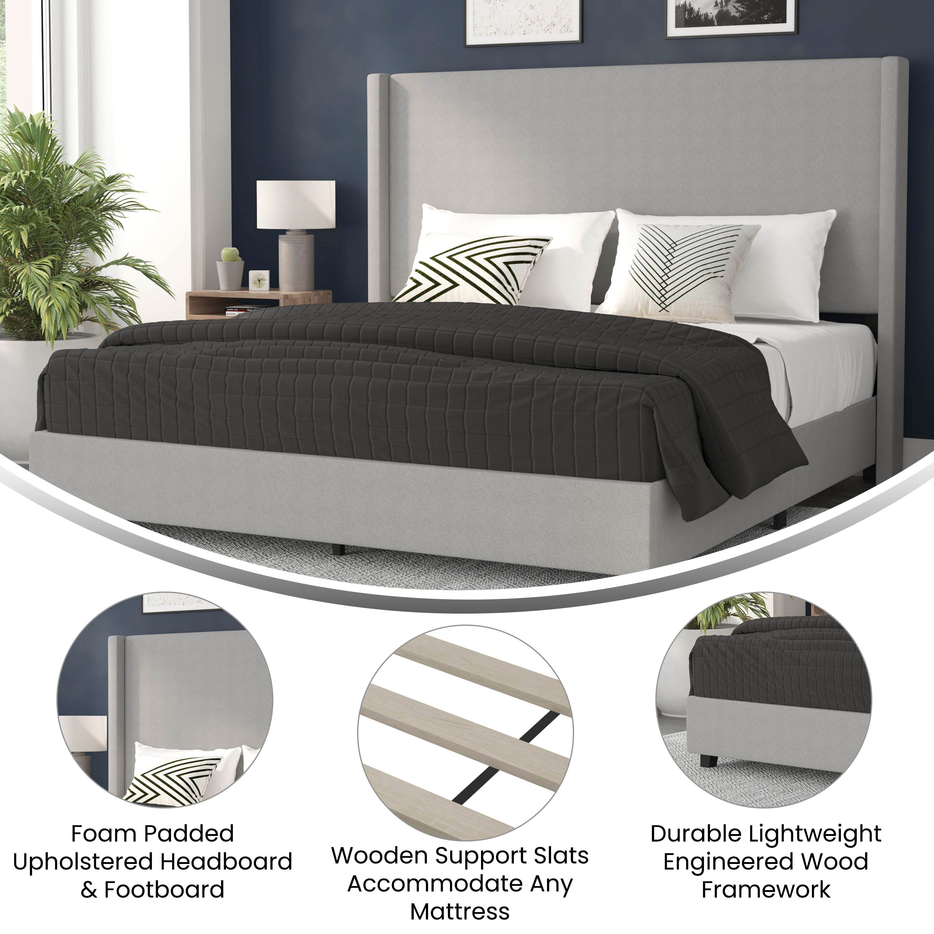 Quinn King Upholstered Platform Bed with Channel Stitched Wingback Headboard, Mattress Foundation with Slatted Supports, No Box Spring Needed, Gray