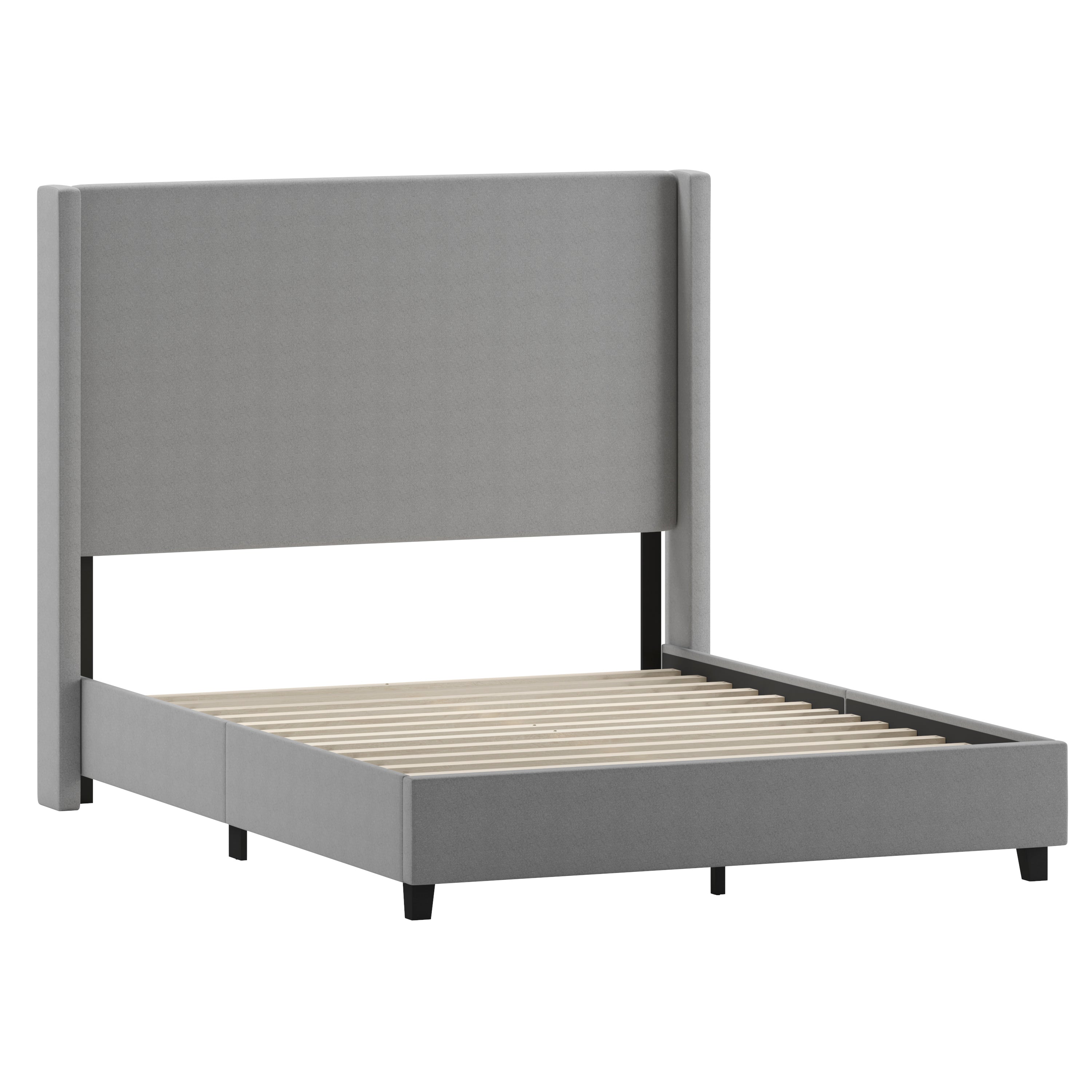 Quinn Queen Upholstered Platform Bed with Channel Stitched Wingback Headboard, Mattress Foundation with Slatted Supports, No Box Spring Needed, Gray