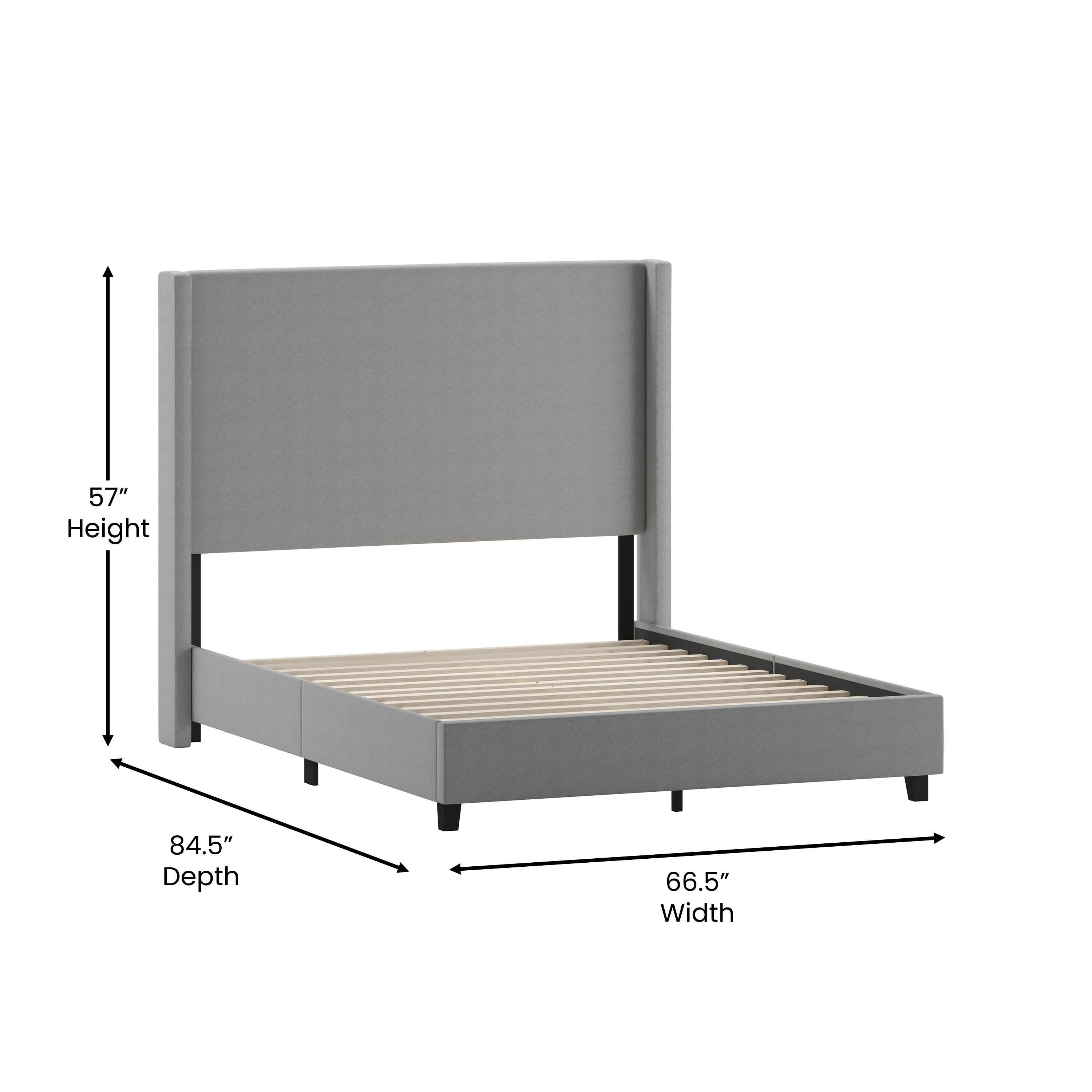 Quinn Queen Upholstered Platform Bed with Channel Stitched Wingback Headboard, Mattress Foundation with Slatted Supports, No Box Spring Needed, Gray