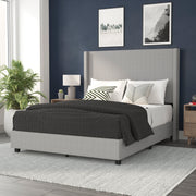 Quinn Queen Upholstered Platform Bed with Channel Stitched Wingback Headboard, Mattress Foundation with Slatted Supports, No Box Spring Needed, Gray
