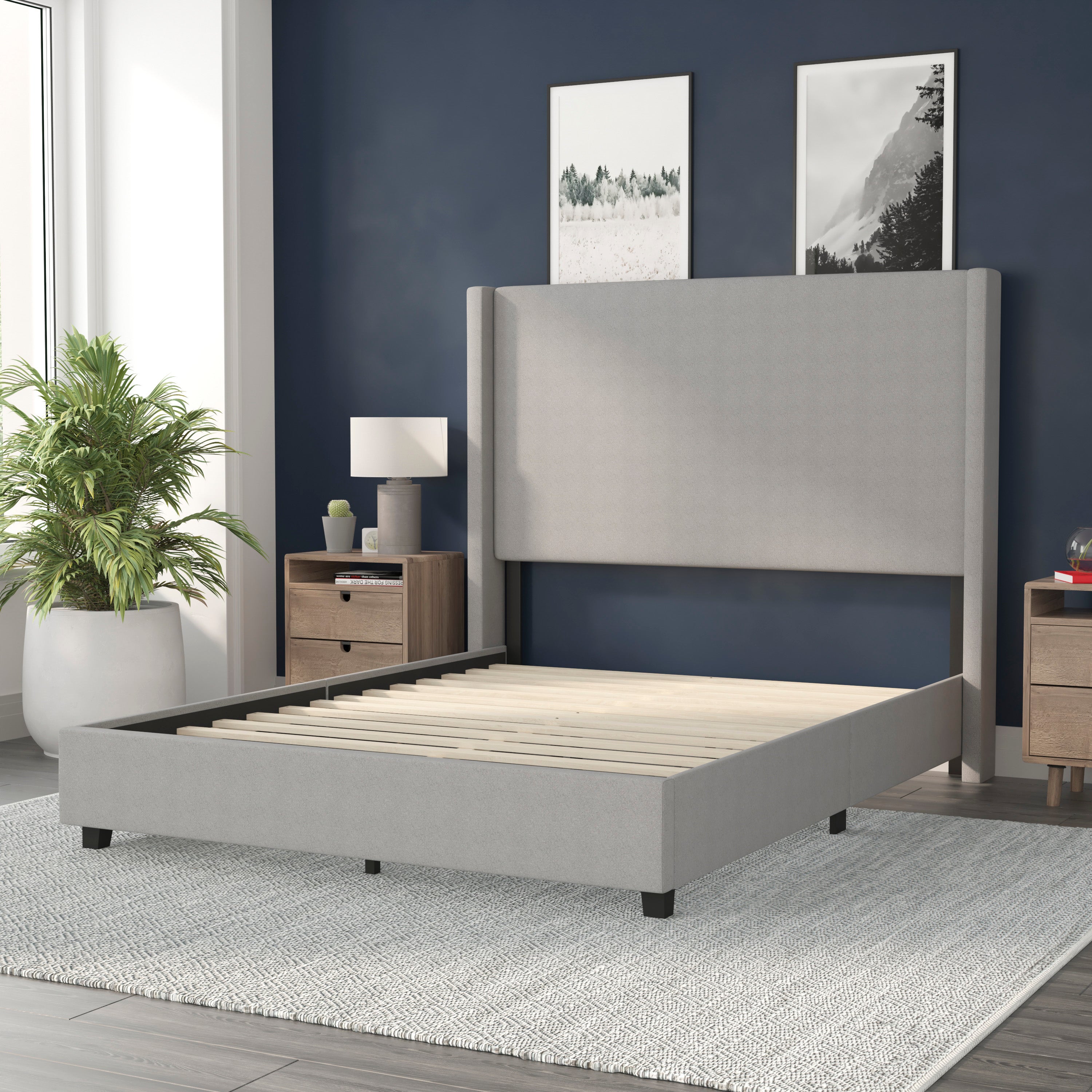 Quinn Queen Upholstered Platform Bed with Channel Stitched Wingback Headboard, Mattress Foundation with Slatted Supports, No Box Spring Needed, Gray