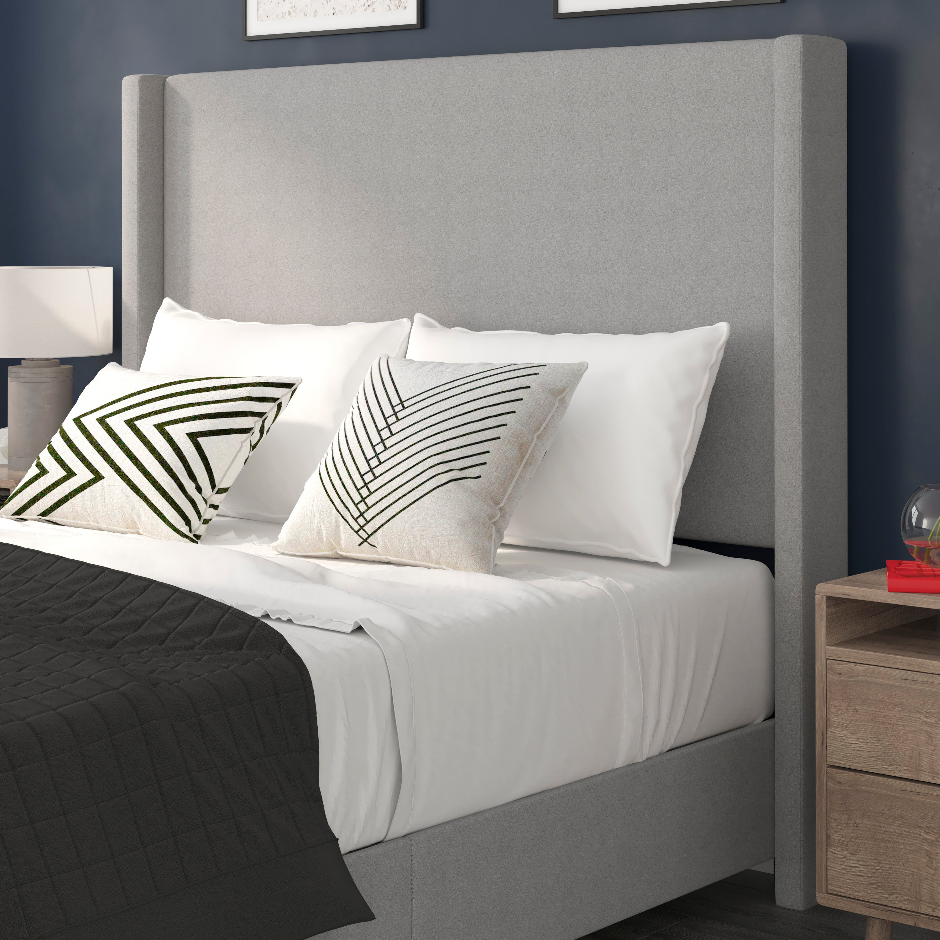 Quinn Queen Upholstered Platform Bed with Channel Stitched Wingback Headboard, Mattress Foundation with Slatted Supports, No Box Spring Needed, Gray