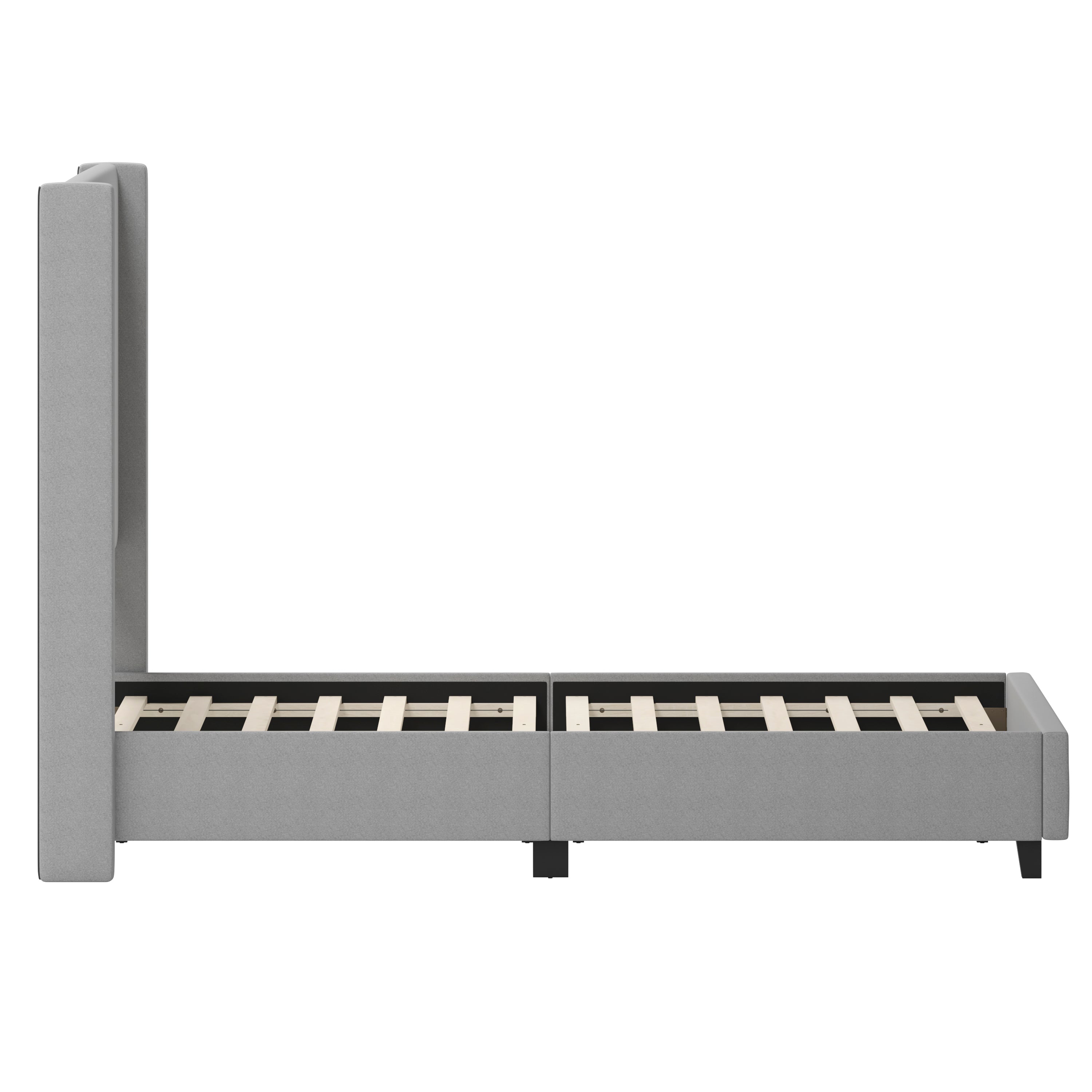 Quinn Queen Upholstered Platform Bed with Channel Stitched Wingback Headboard, Mattress Foundation with Slatted Supports, No Box Spring Needed, Gray