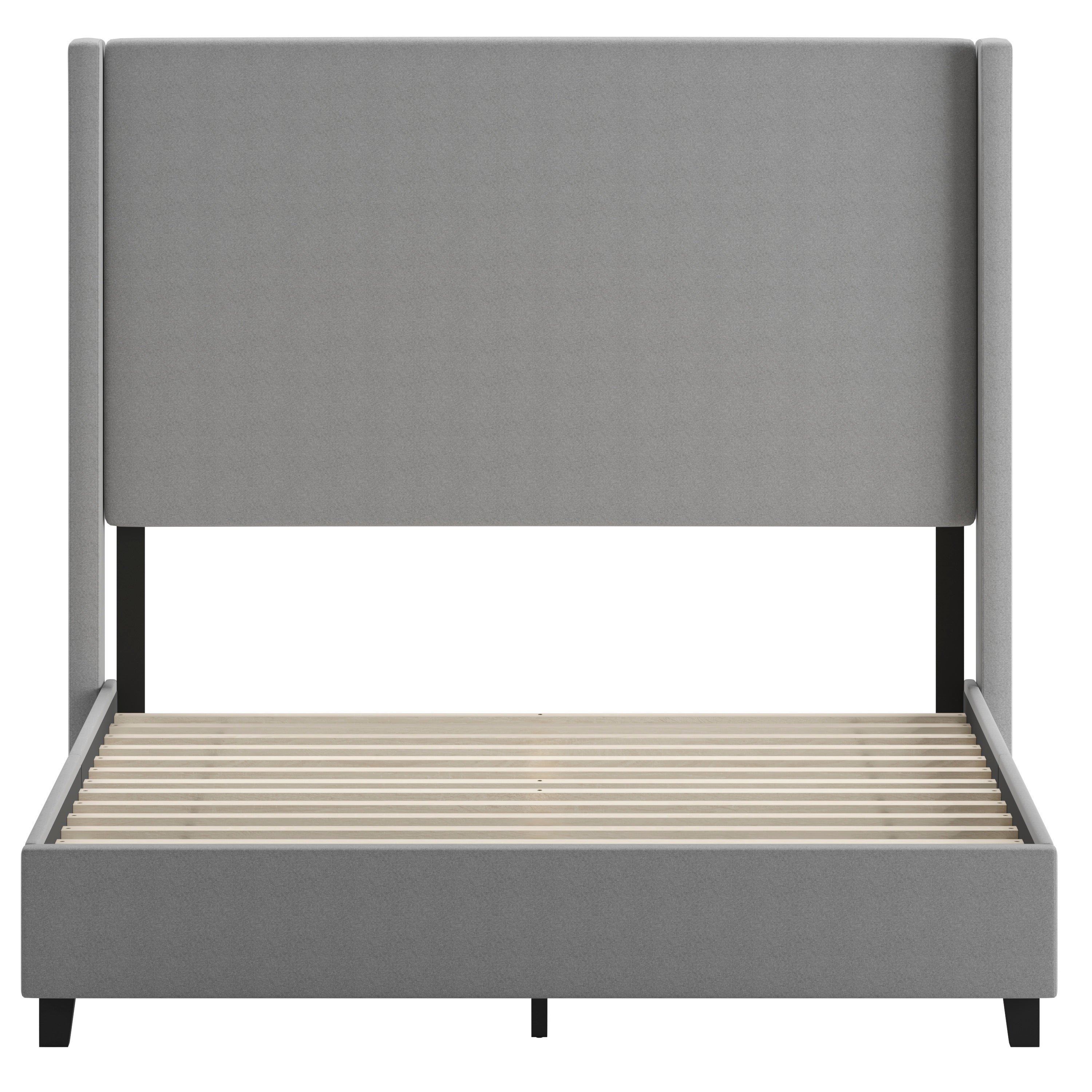 Quinn Queen Upholstered Platform Bed with Channel Stitched Wingback Headboard, Mattress Foundation with Slatted Supports, No Box Spring Needed, Gray