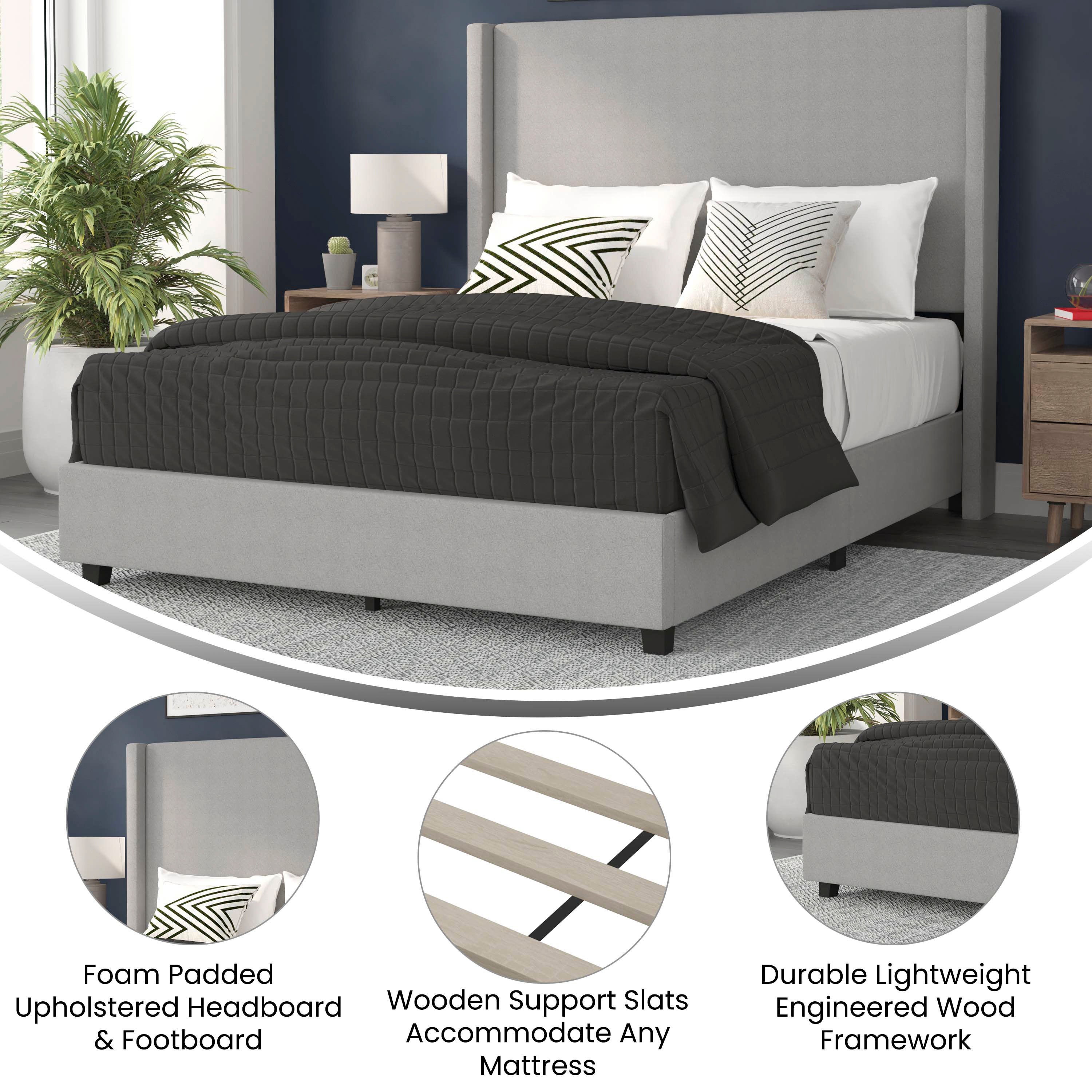 Quinn Queen Upholstered Platform Bed with Channel Stitched Wingback Headboard, Mattress Foundation with Slatted Supports, No Box Spring Needed, Gray
