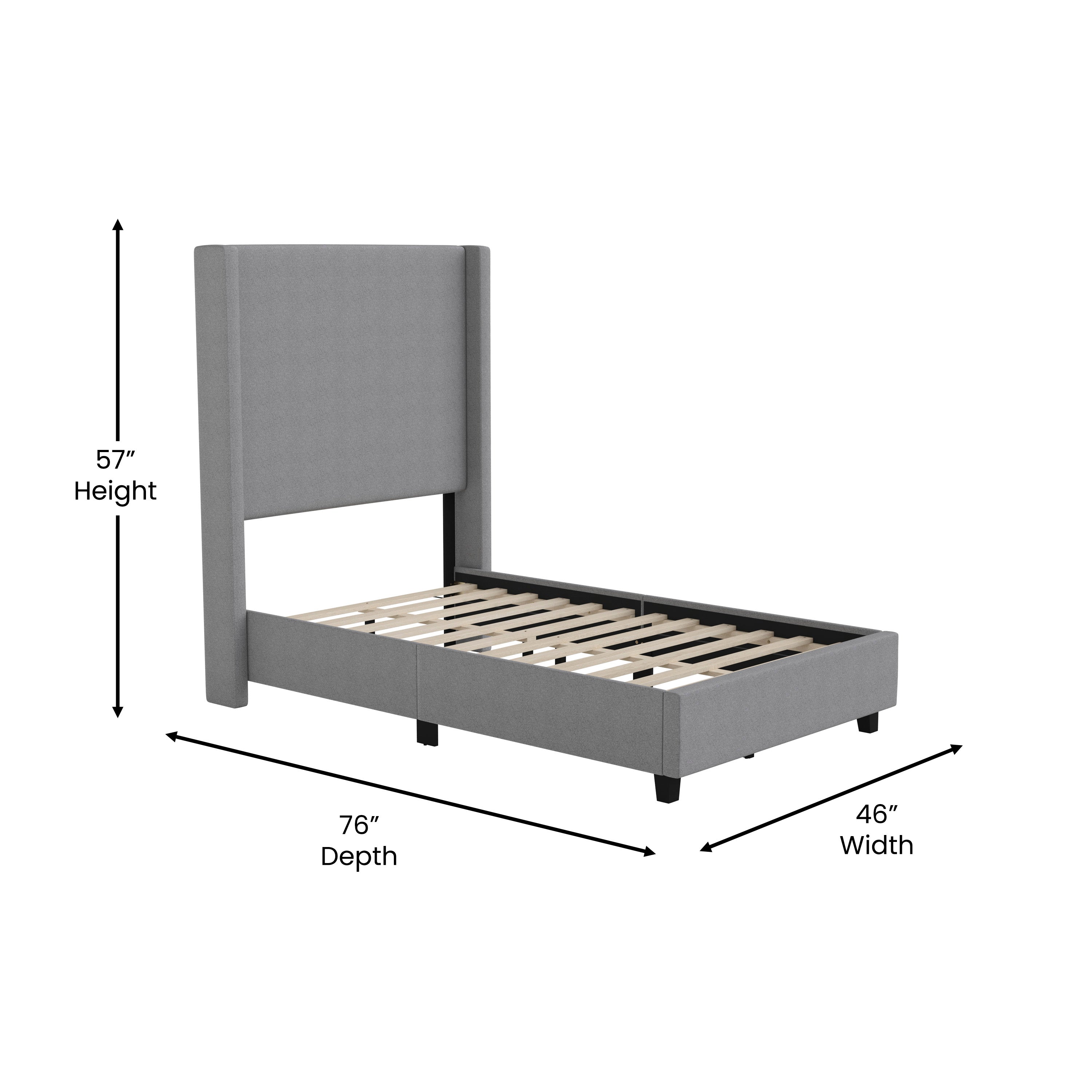 Quinn Twin Upholstered Platform Bed with Channel Stitched Wingback Headboard, Mattress Foundation with Slatted Supports, No Box Spring Needed, Gray