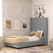 Quinn Twin Upholstered Platform Bed with Channel Stitched Wingback Headboard, Mattress Foundation with Slatted Supports, No Box Spring Needed, Gray