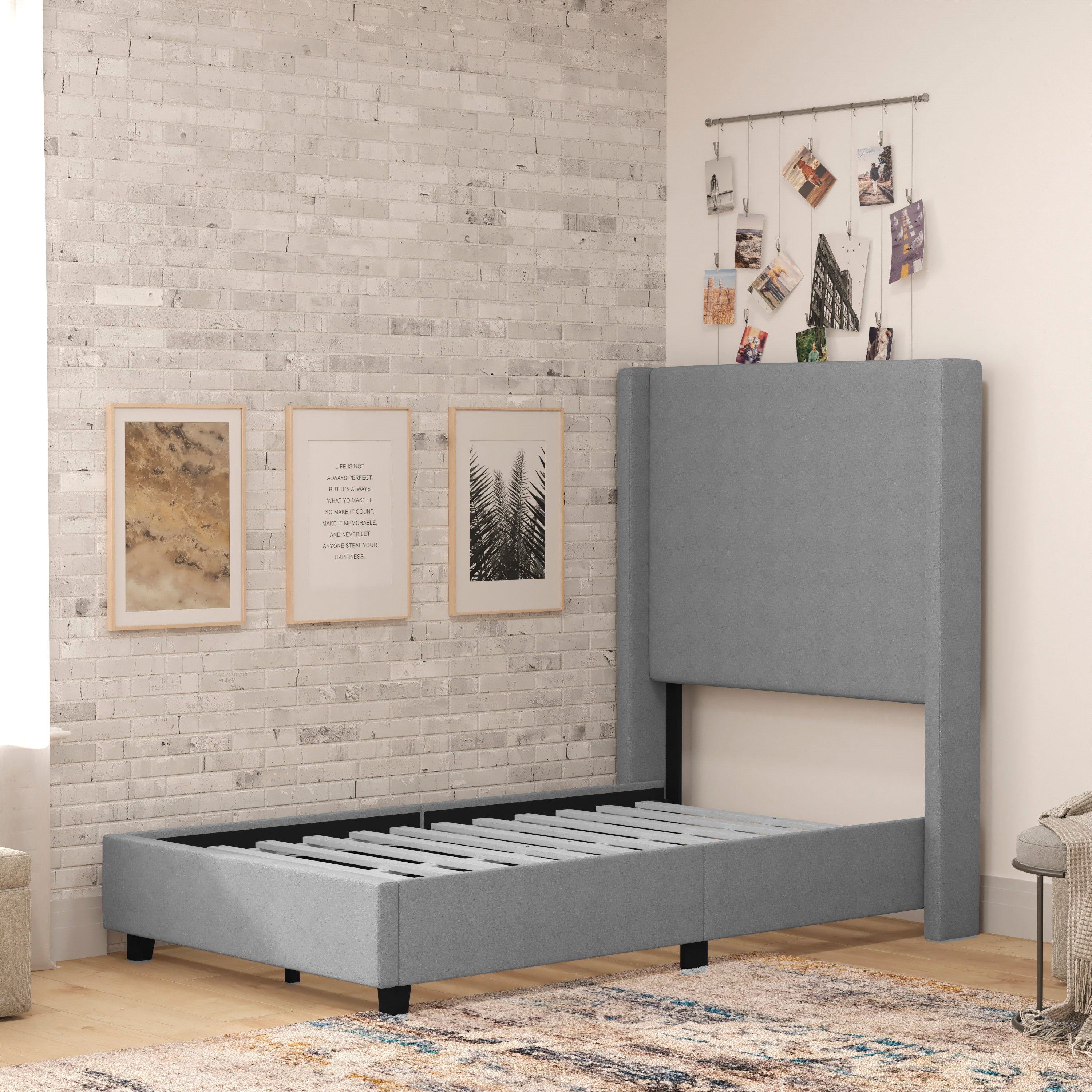 Quinn Twin Upholstered Platform Bed with Channel Stitched Wingback Headboard, Mattress Foundation with Slatted Supports, No Box Spring Needed, Gray