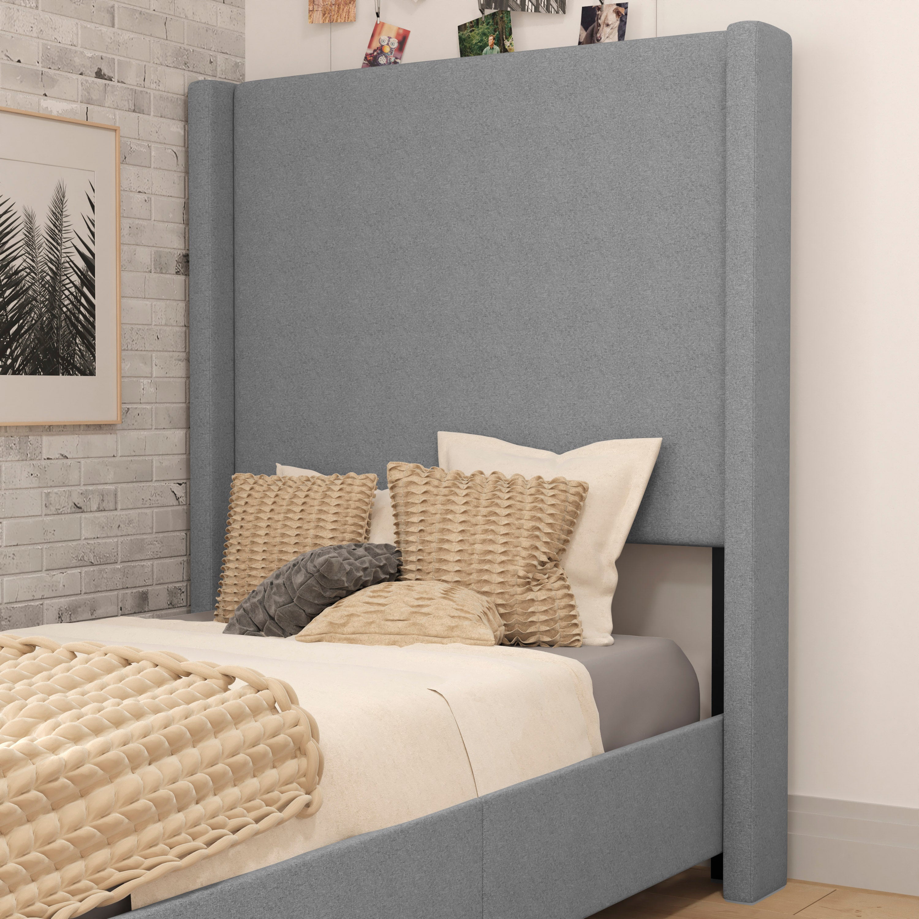 Quinn Twin Upholstered Platform Bed with Channel Stitched Wingback Headboard, Mattress Foundation with Slatted Supports, No Box Spring Needed, Gray