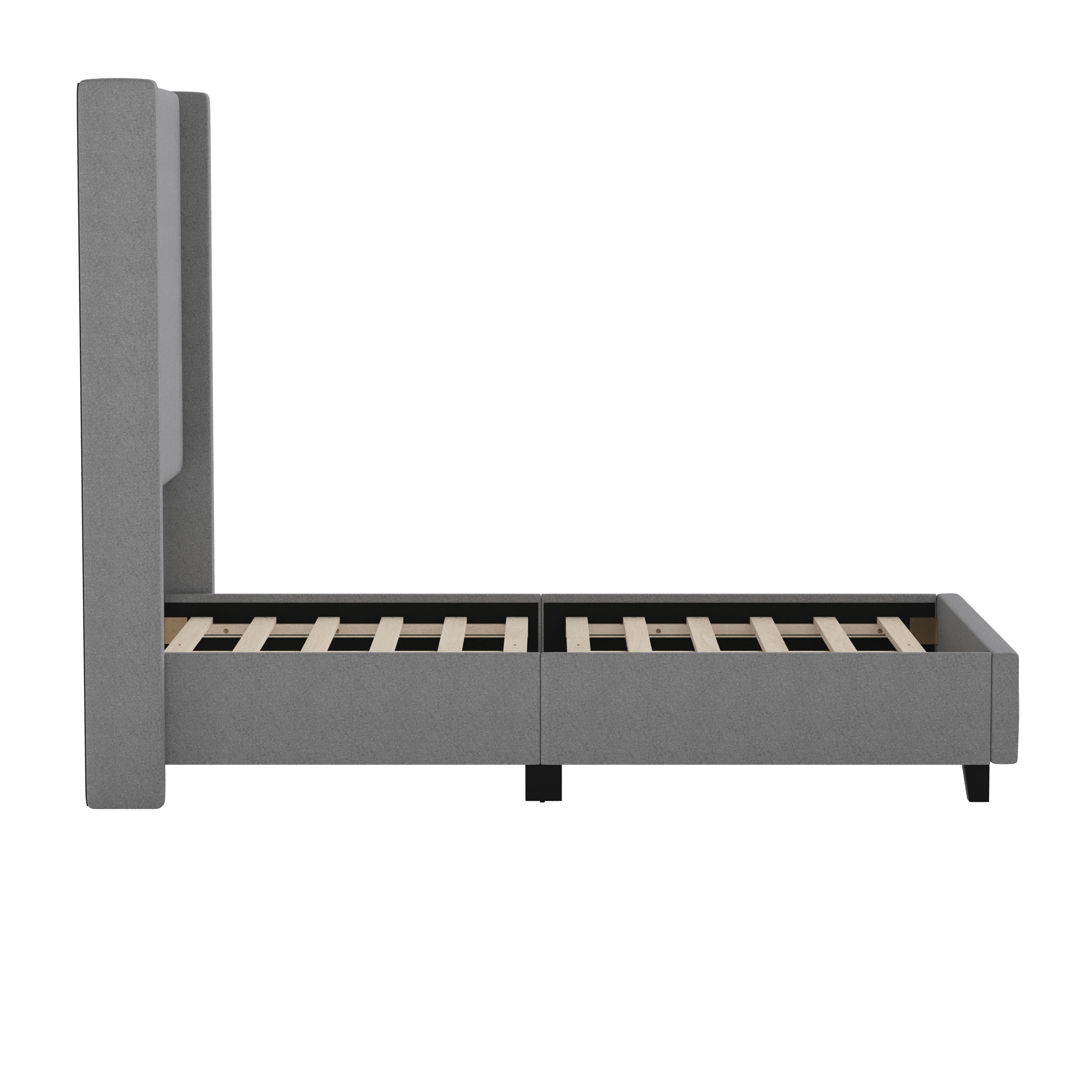 Quinn Twin Upholstered Platform Bed with Channel Stitched Wingback Headboard, Mattress Foundation with Slatted Supports, No Box Spring Needed, Gray