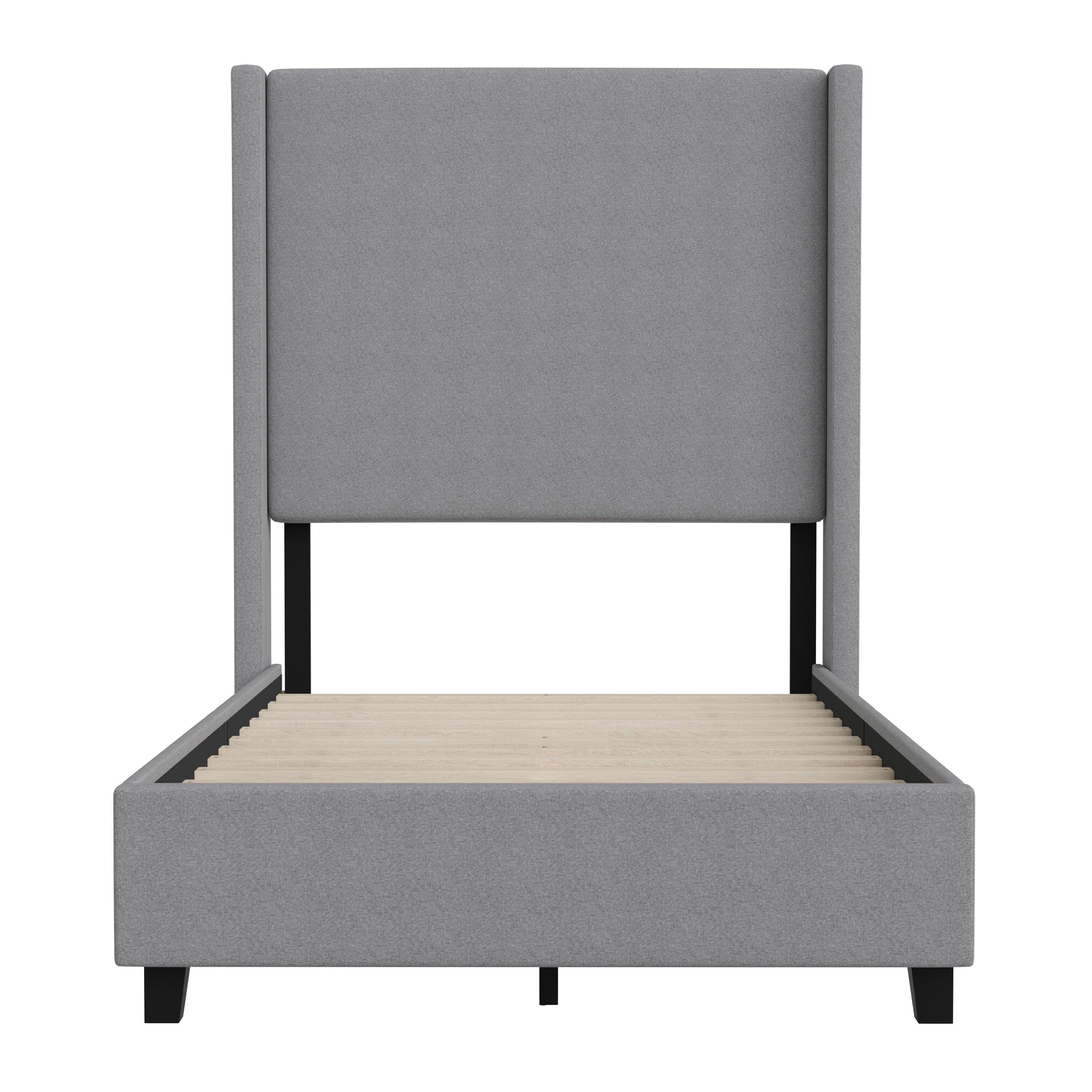 Quinn Twin Upholstered Platform Bed with Channel Stitched Wingback Headboard, Mattress Foundation with Slatted Supports, No Box Spring Needed, Gray