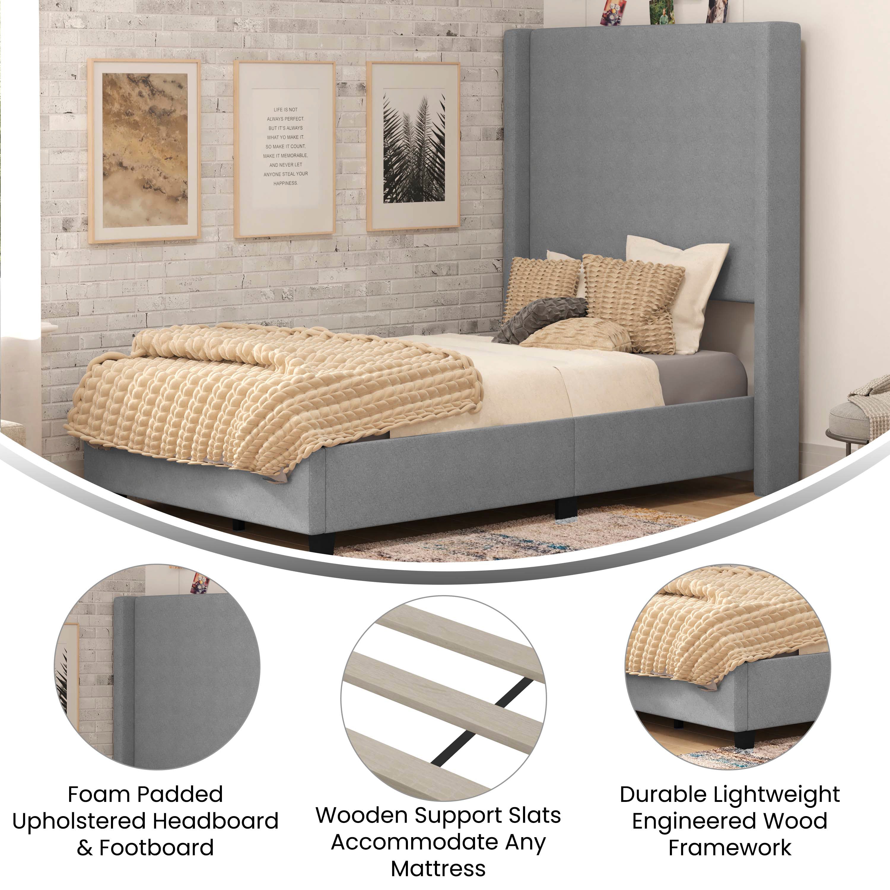 Quinn Twin Upholstered Platform Bed with Channel Stitched Wingback Headboard, Mattress Foundation with Slatted Supports, No Box Spring Needed, Gray