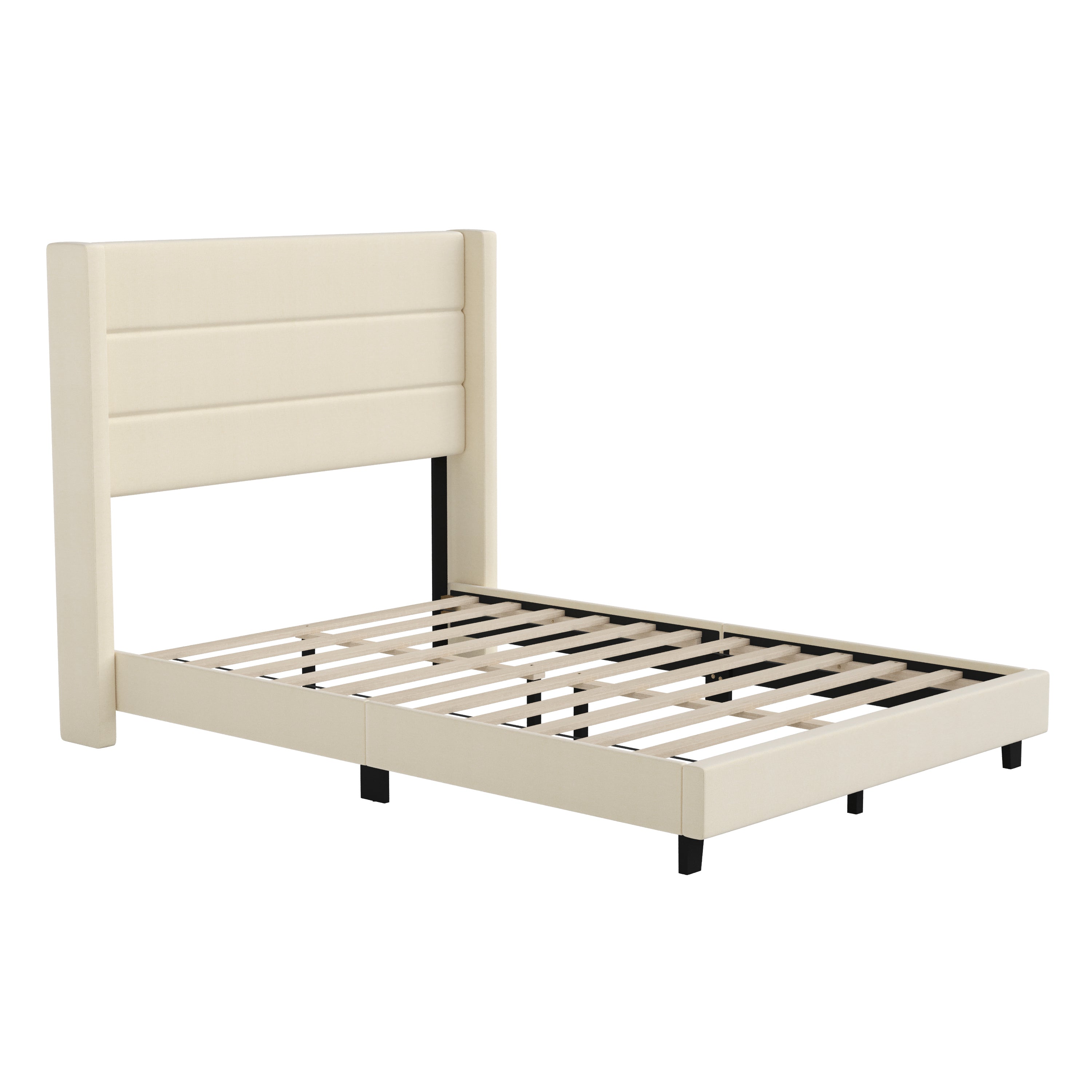 Hollis Full Upholstered Platform Bed with Wingback Headboard, Mattress Foundation with Slatted Supports, No Box Spring Needed, Beige Faux Linen