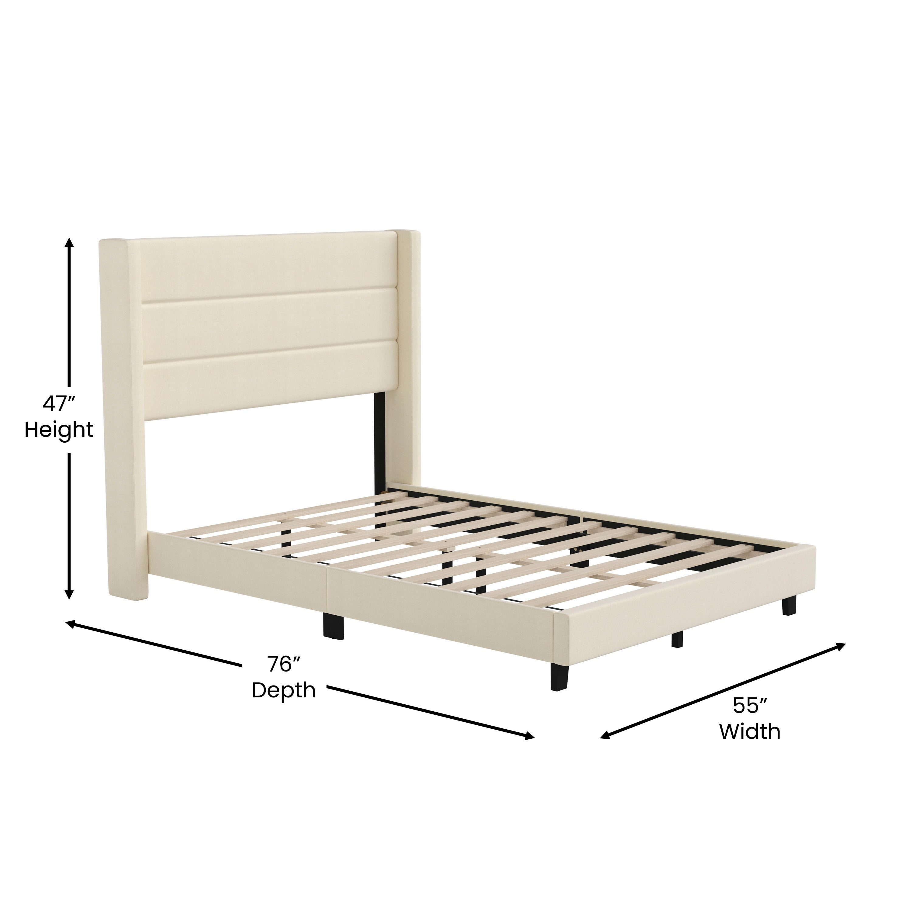 Hollis Full Upholstered Platform Bed with Wingback Headboard, Mattress Foundation with Slatted Supports, No Box Spring Needed, Beige Faux Linen