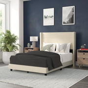 Hollis Full Upholstered Platform Bed with Wingback Headboard, Mattress Foundation with Slatted Supports, No Box Spring Needed, Beige Faux Linen