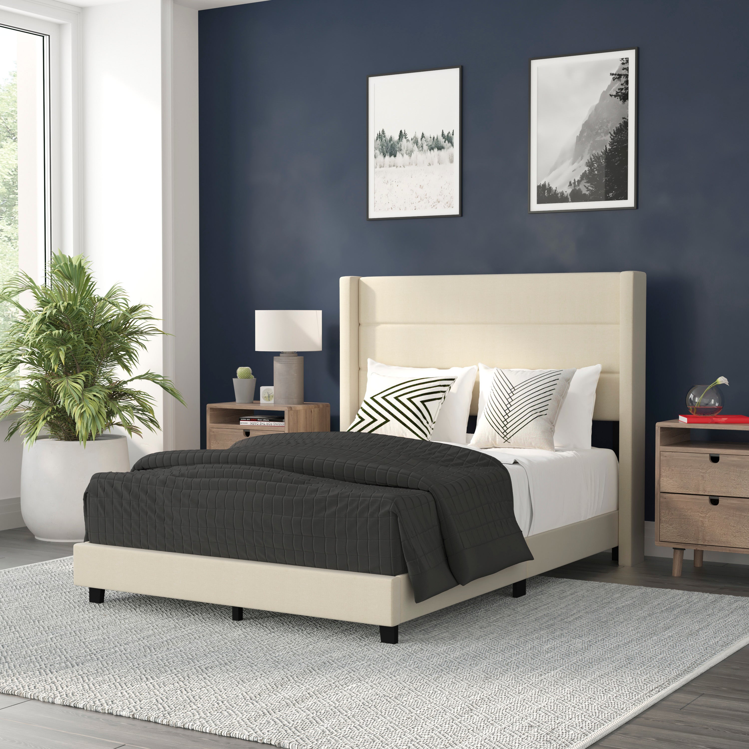 Hollis Full Upholstered Platform Bed with Wingback Headboard, Mattress Foundation with Slatted Supports, No Box Spring Needed, Beige Faux Linen