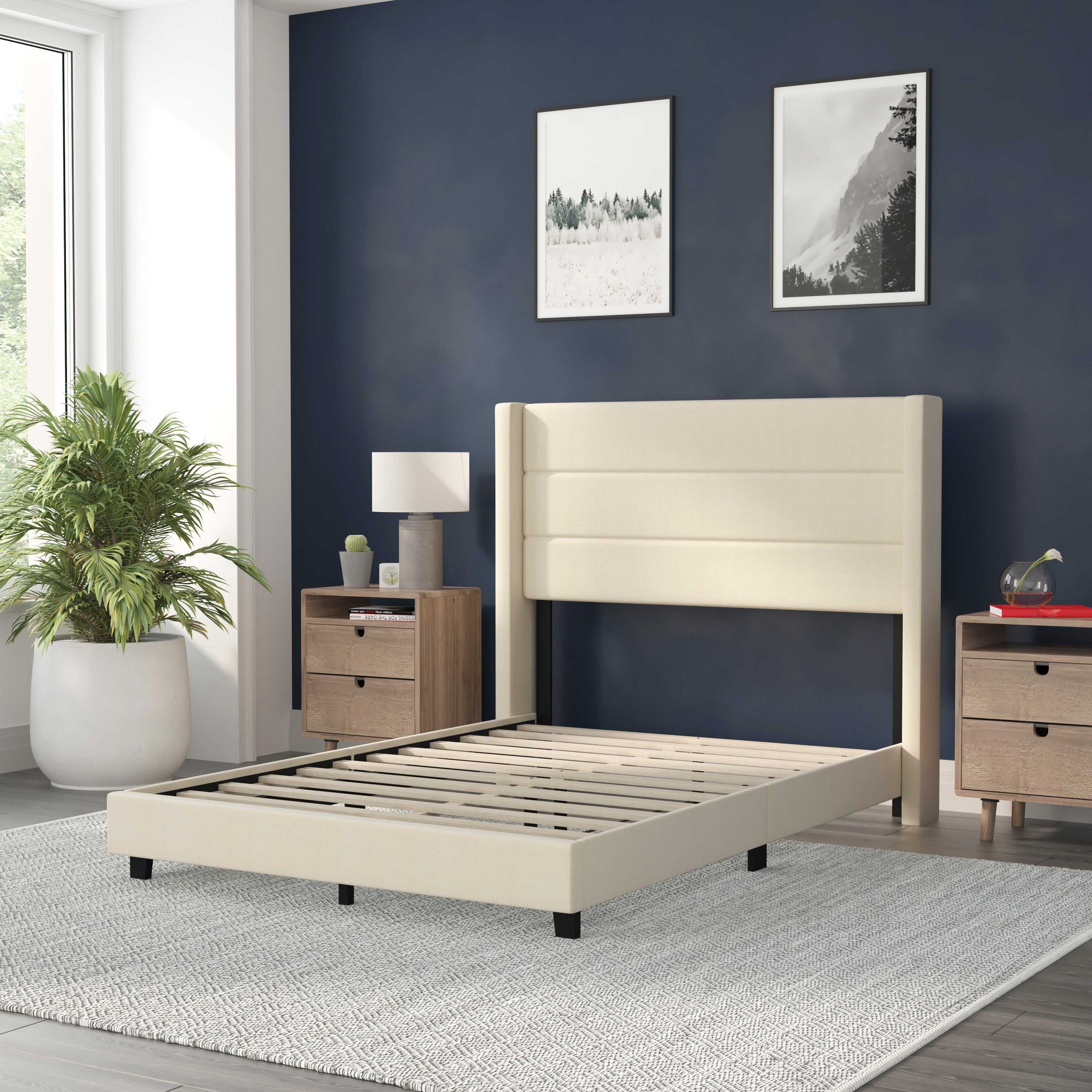 Hollis Full Upholstered Platform Bed with Wingback Headboard, Mattress Foundation with Slatted Supports, No Box Spring Needed, Beige Faux Linen