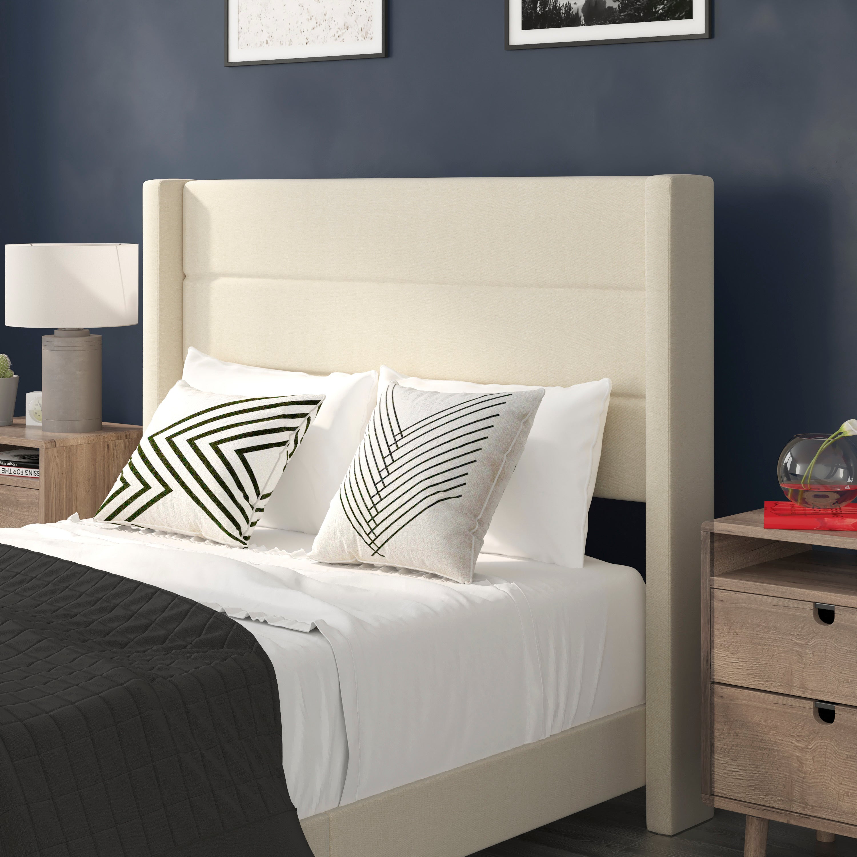 Hollis Full Upholstered Platform Bed with Wingback Headboard, Mattress Foundation with Slatted Supports, No Box Spring Needed, Beige Faux Linen