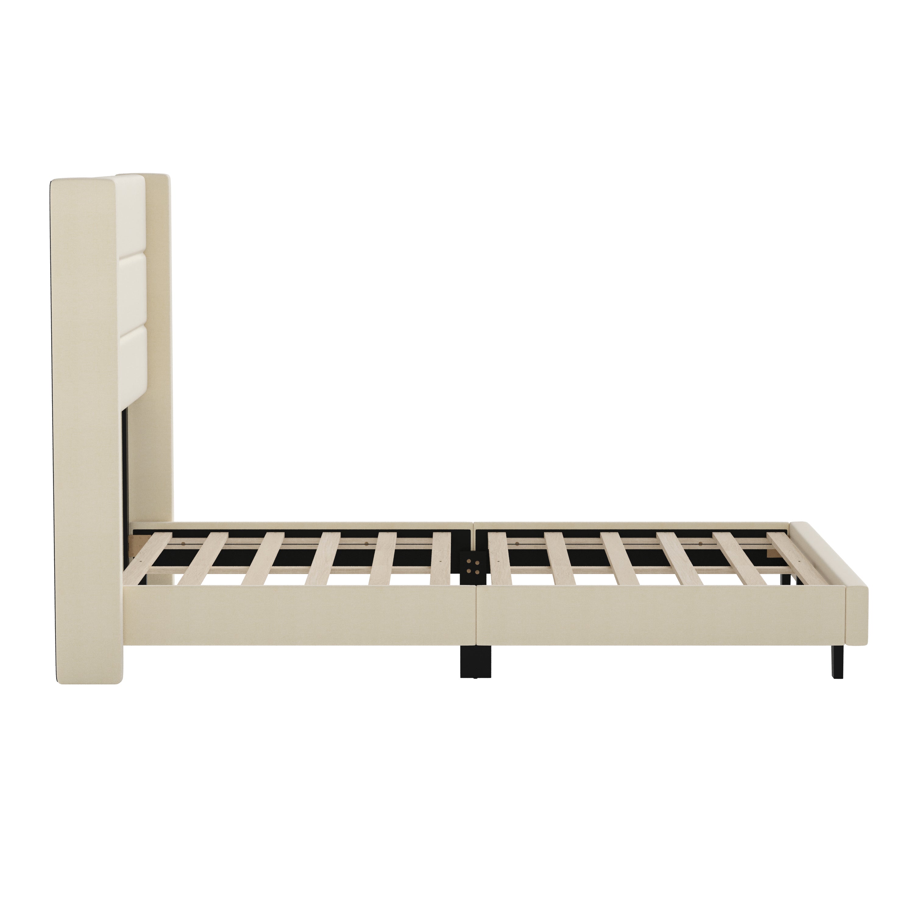 Hollis Full Upholstered Platform Bed with Wingback Headboard, Mattress Foundation with Slatted Supports, No Box Spring Needed, Beige Faux Linen