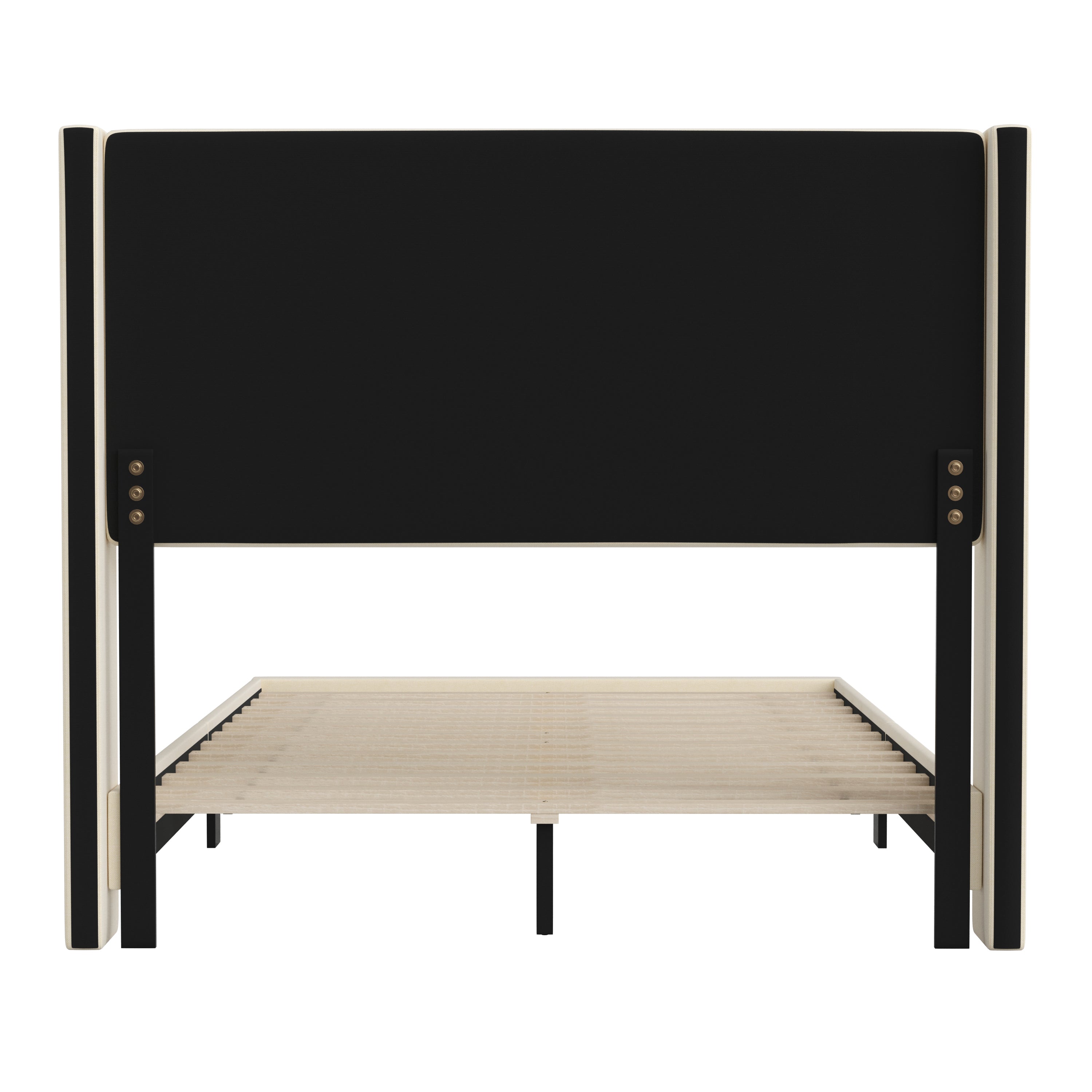 Hollis Full Upholstered Platform Bed with Wingback Headboard, Mattress Foundation with Slatted Supports, No Box Spring Needed, Beige Faux Linen