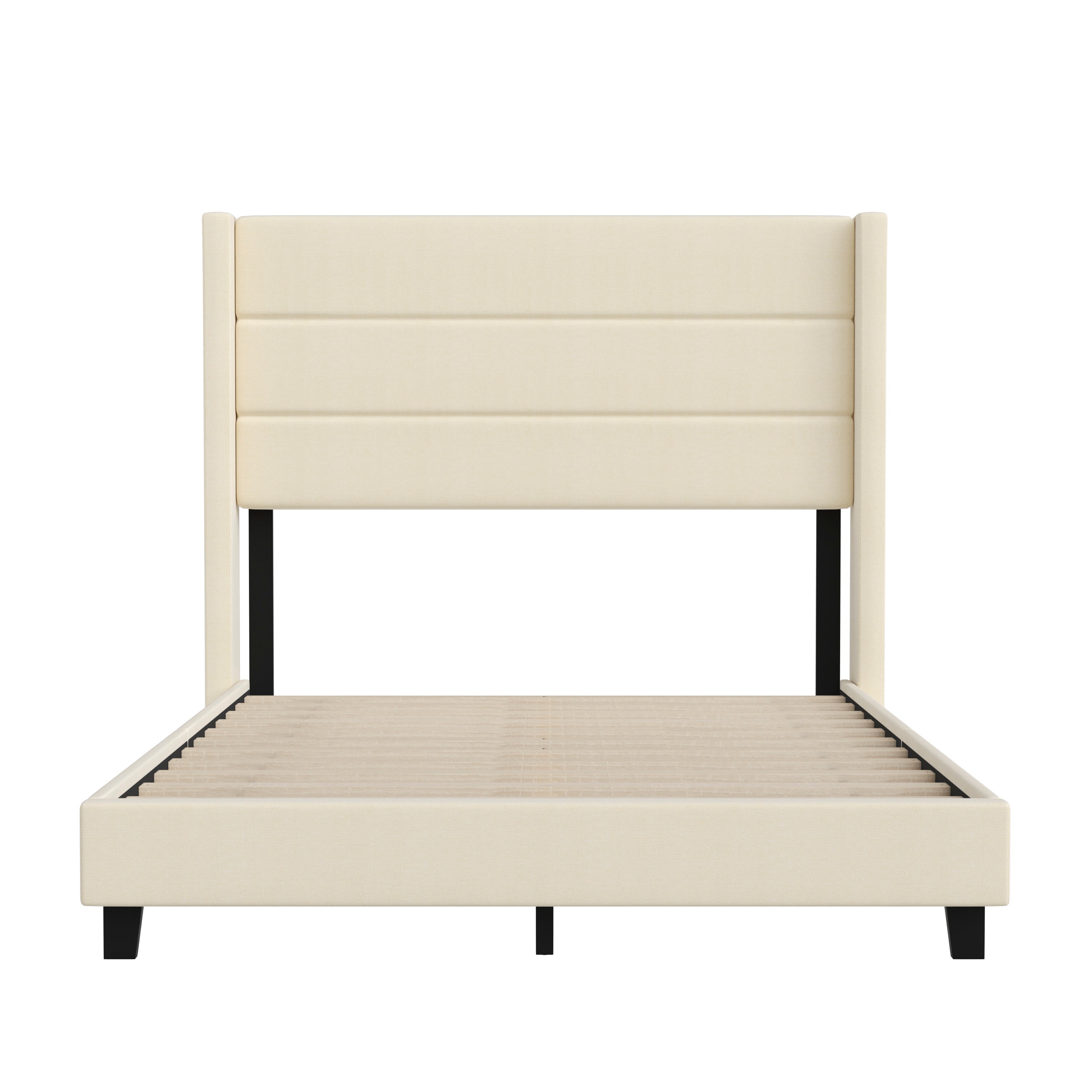 Hollis Full Upholstered Platform Bed with Wingback Headboard, Mattress Foundation with Slatted Supports, No Box Spring Needed, Beige Faux Linen