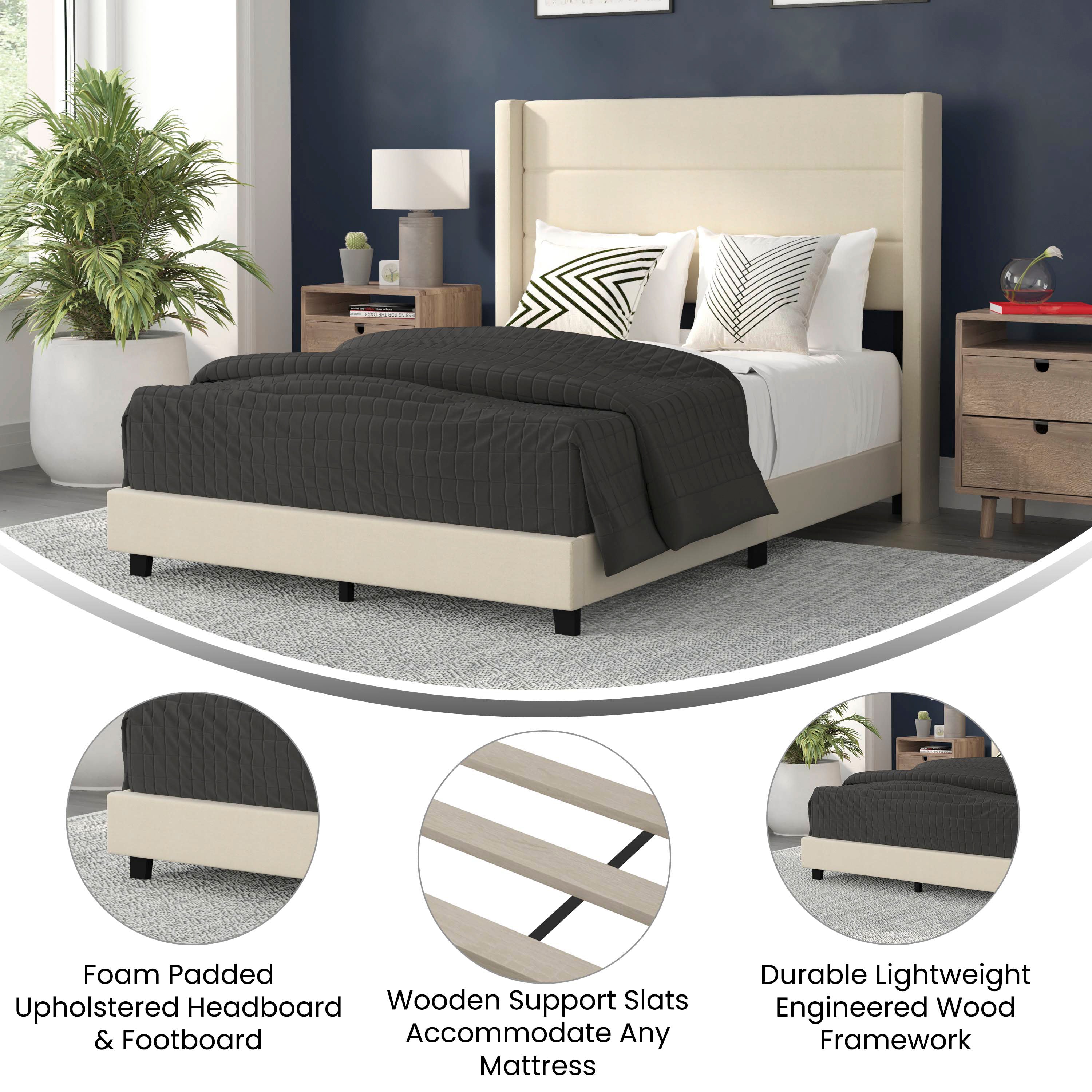 Hollis Full Upholstered Platform Bed with Wingback Headboard, Mattress Foundation with Slatted Supports, No Box Spring Needed, Beige Faux Linen