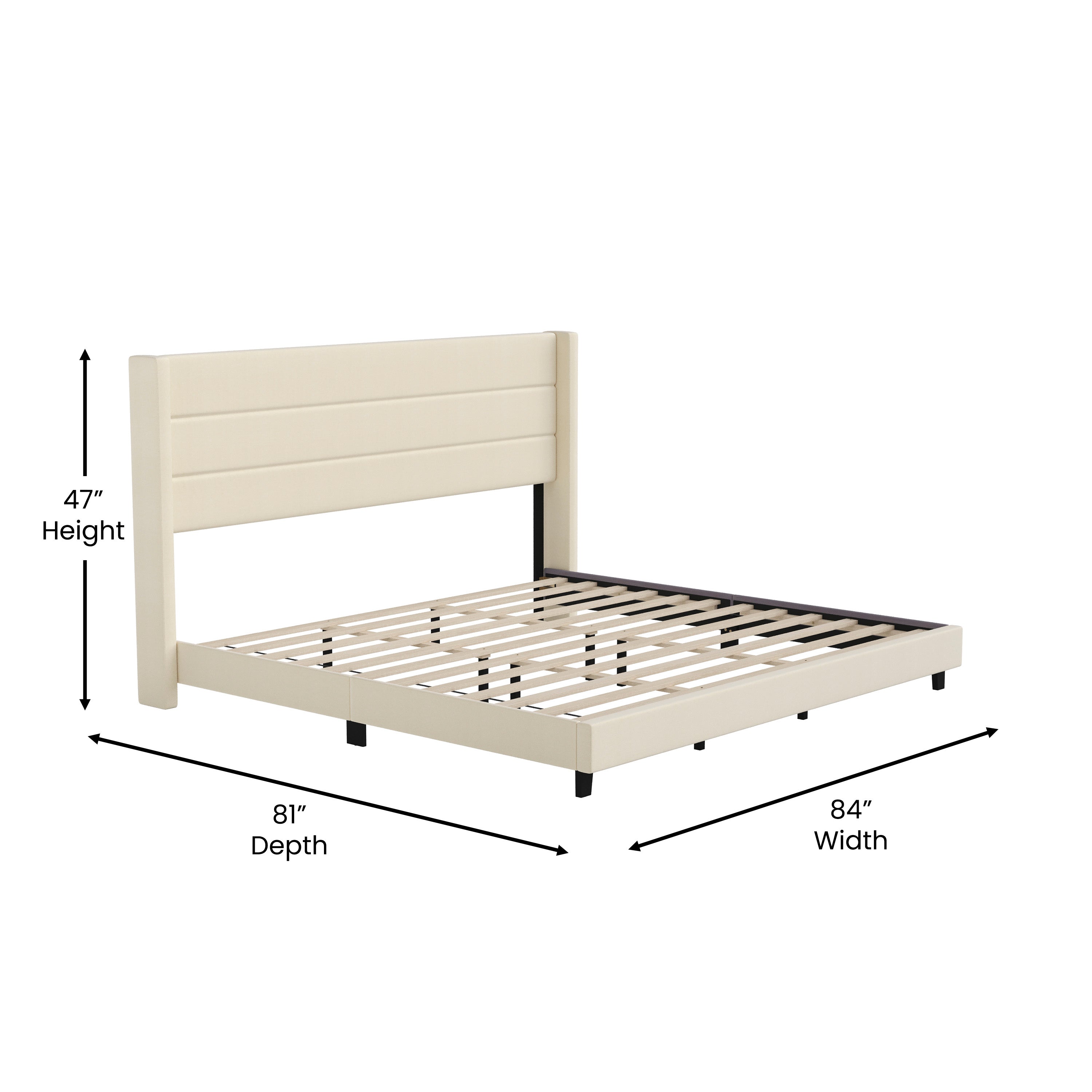 Hollis King Upholstered Platform Bed with Wingback Headboard, Mattress Foundation with Slatted Supports, No Box Spring Needed, Beige Faux Linen