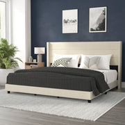 Hollis King Upholstered Platform Bed with Wingback Headboard, Mattress Foundation with Slatted Supports, No Box Spring Needed, Beige Faux Linen