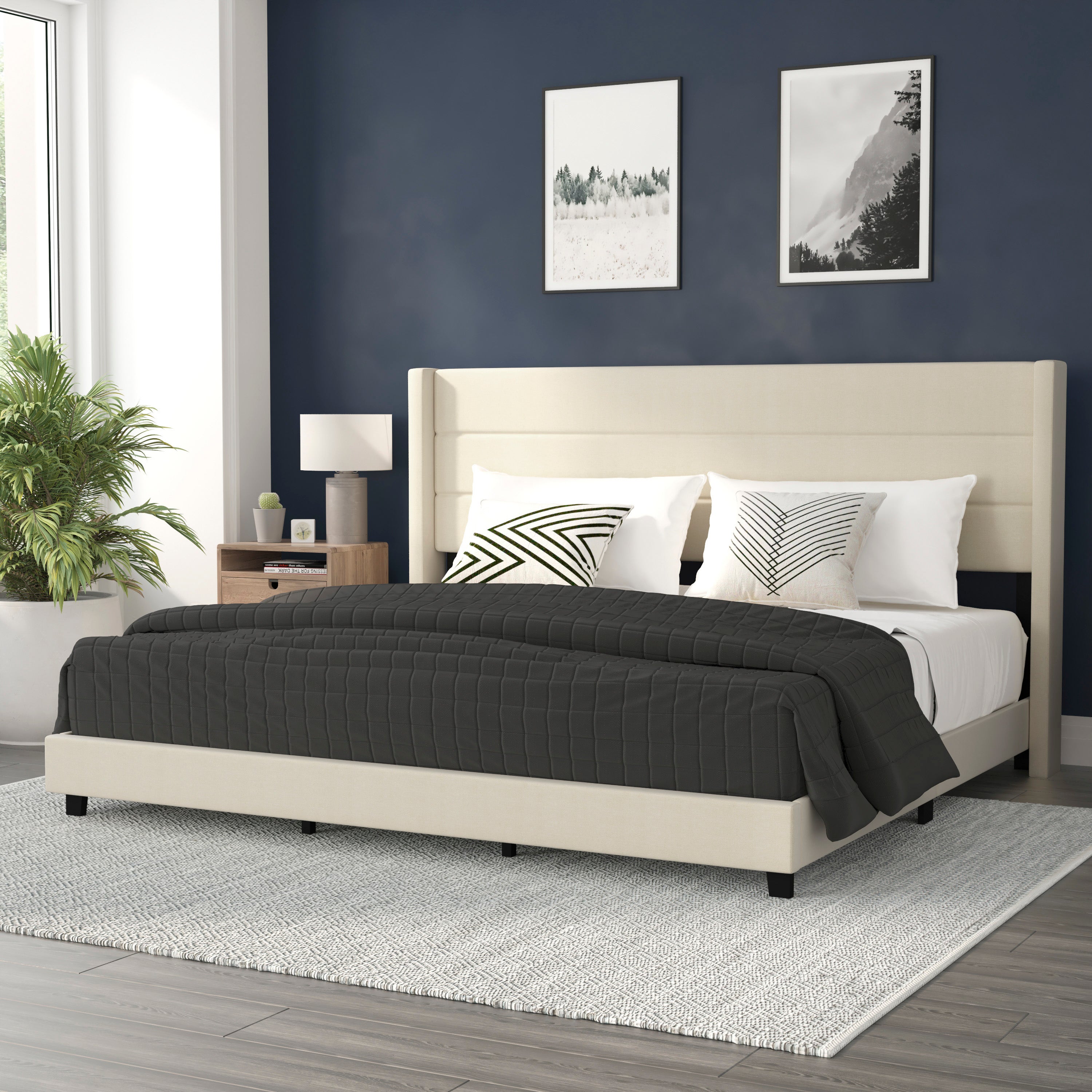 Hollis King Upholstered Platform Bed with Wingback Headboard, Mattress Foundation with Slatted Supports, No Box Spring Needed, Beige Faux Linen