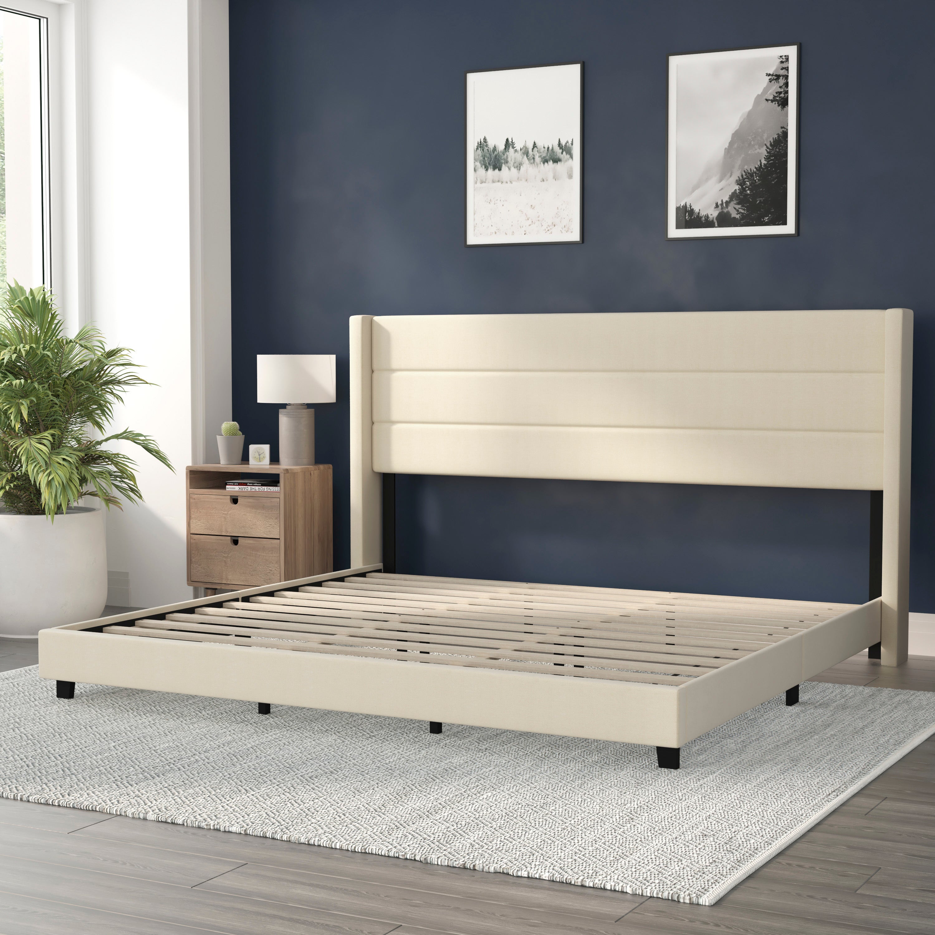 Hollis King Upholstered Platform Bed with Wingback Headboard, Mattress Foundation with Slatted Supports, No Box Spring Needed, Beige Faux Linen