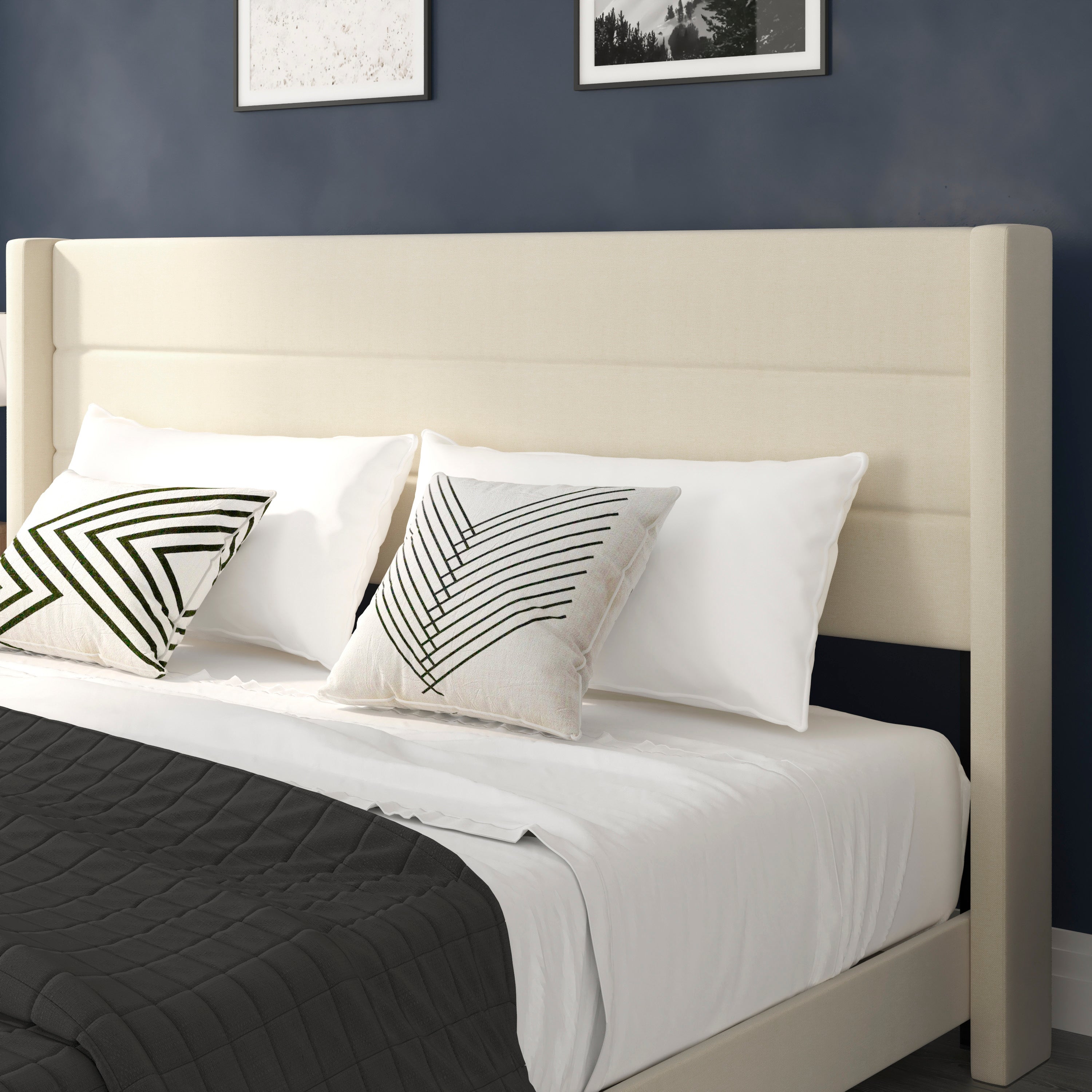 Hollis King Upholstered Platform Bed with Wingback Headboard, Mattress Foundation with Slatted Supports, No Box Spring Needed, Beige Faux Linen